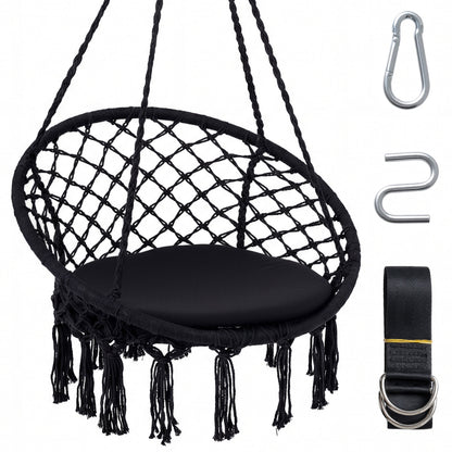 Macrame Swing Chair with Round Cushion and Metal Frame