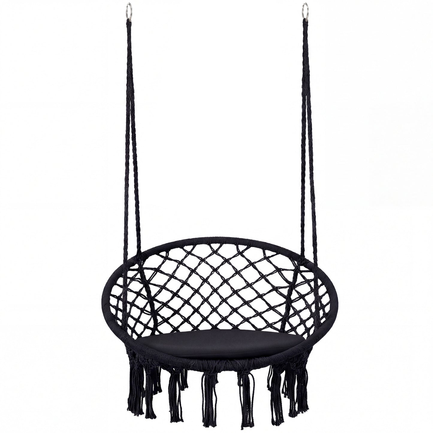 Macrame Swing Chair with Round Cushion and Metal Frame