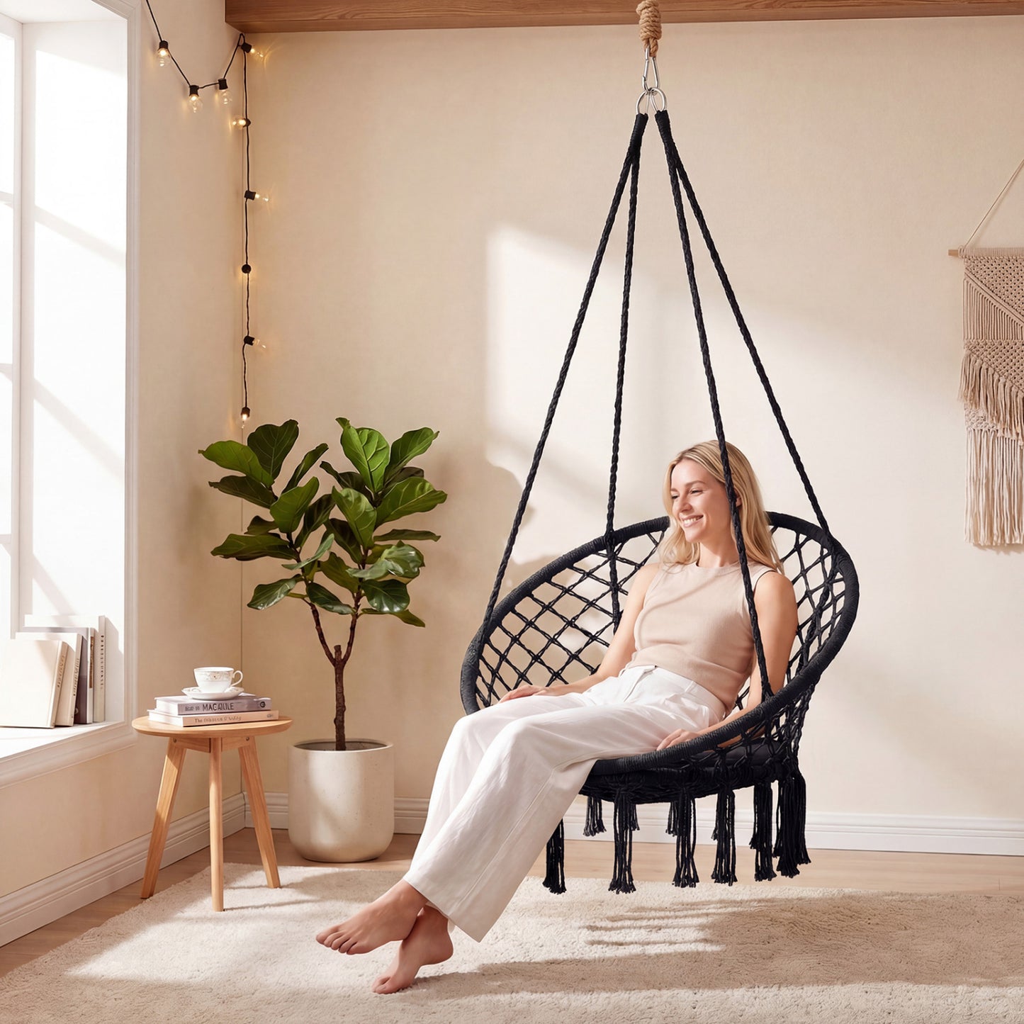 Macrame Swing Chair with Round Cushion and Metal Frame