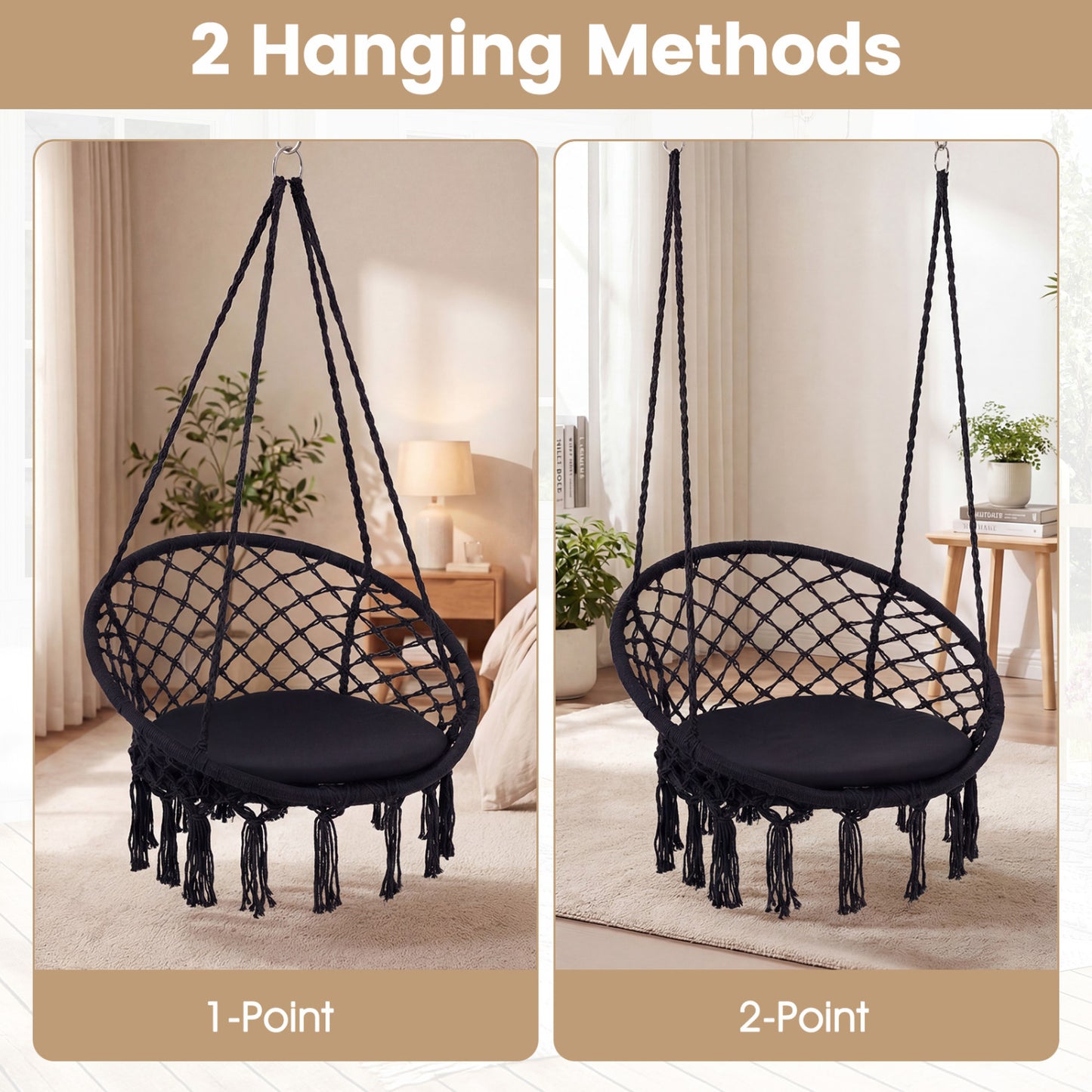 Macrame Swing Chair with Round Cushion and Metal Frame