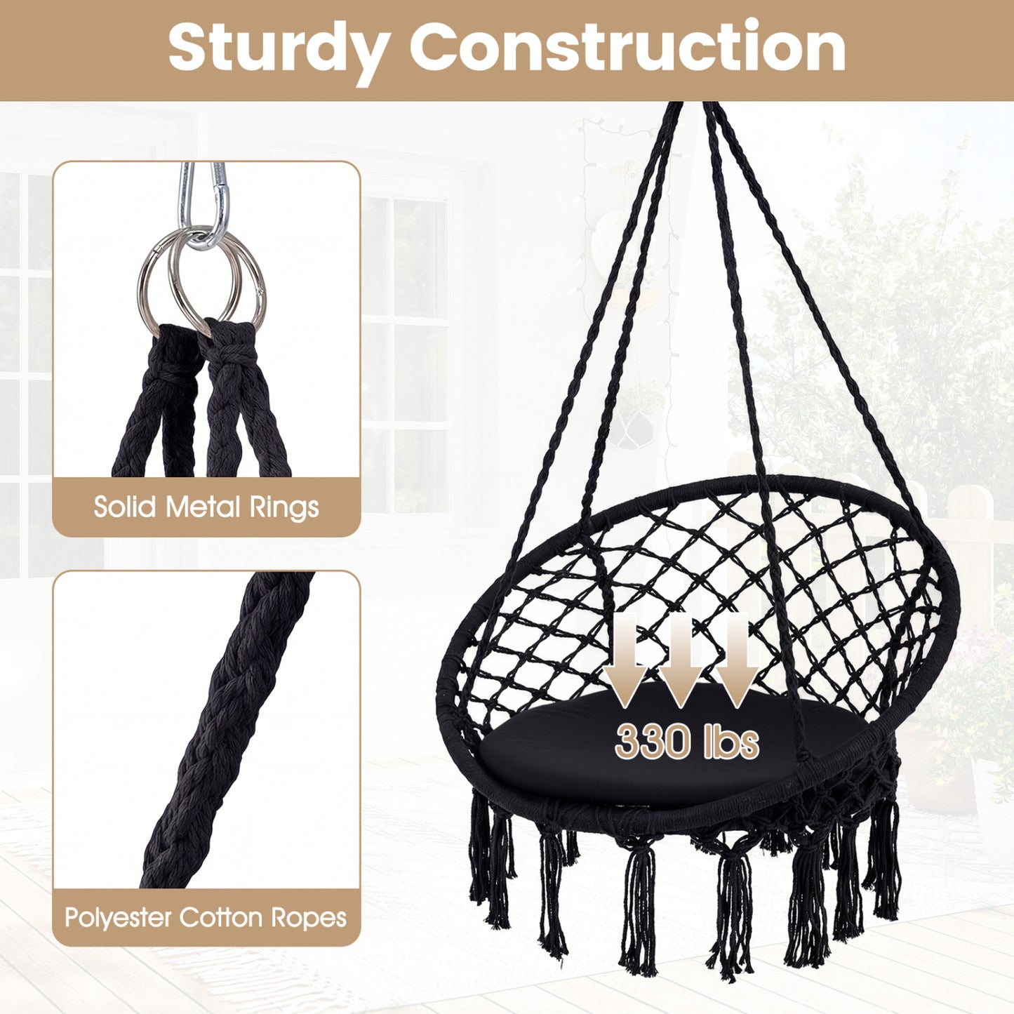 Macrame Swing Chair with Round Cushion and Metal Frame