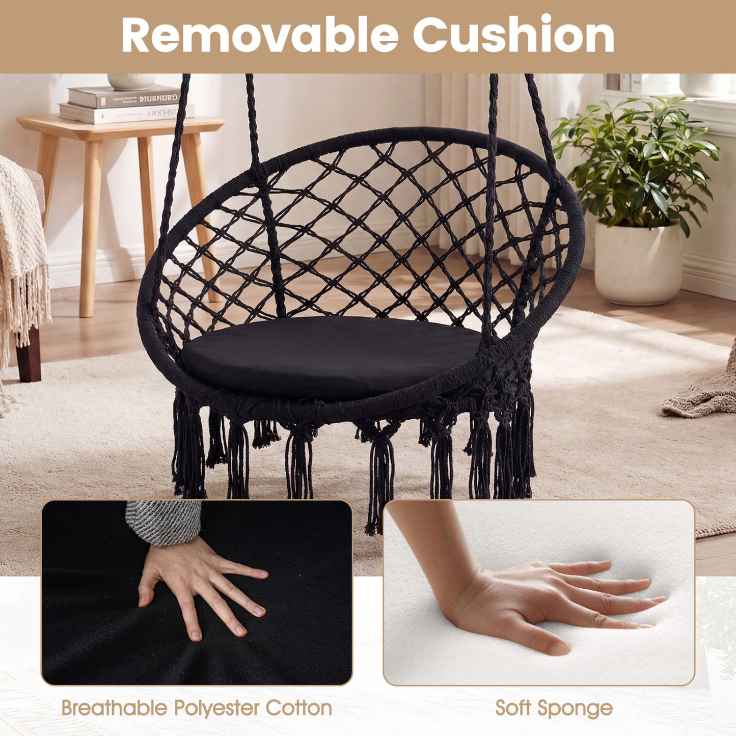 Macrame Swing Chair with Round Cushion and Metal Frame