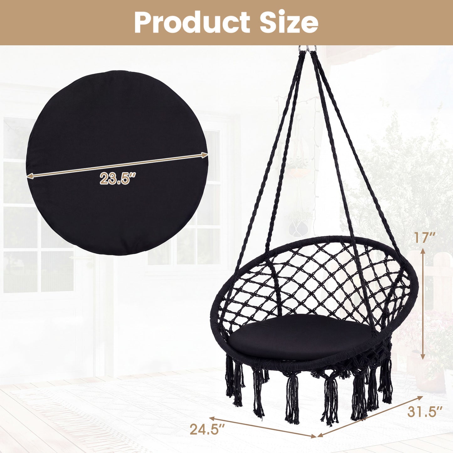 Macrame Swing Chair with Round Cushion and Metal Frame