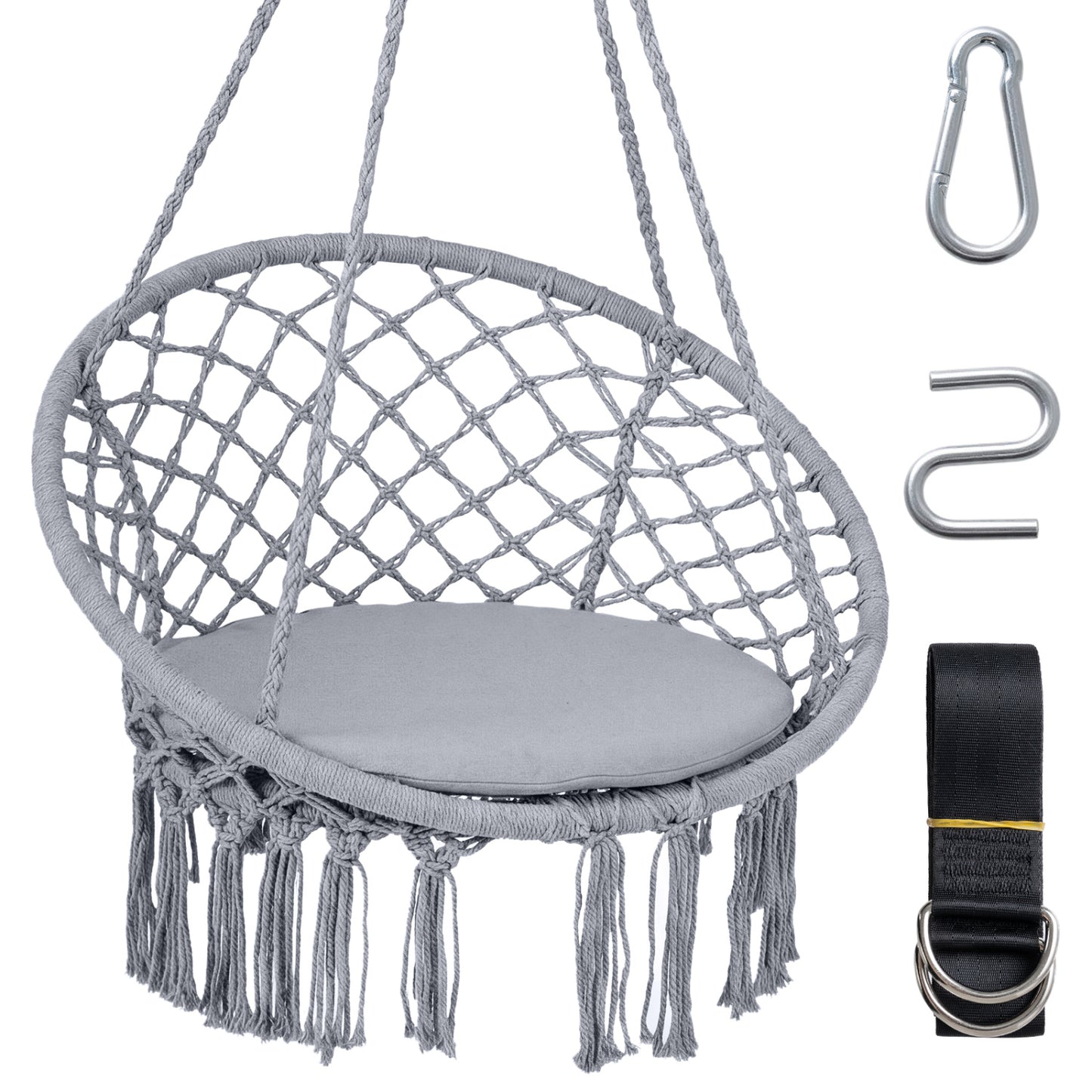 Macrame Swing Chair with Round Cushion and Metal Frame