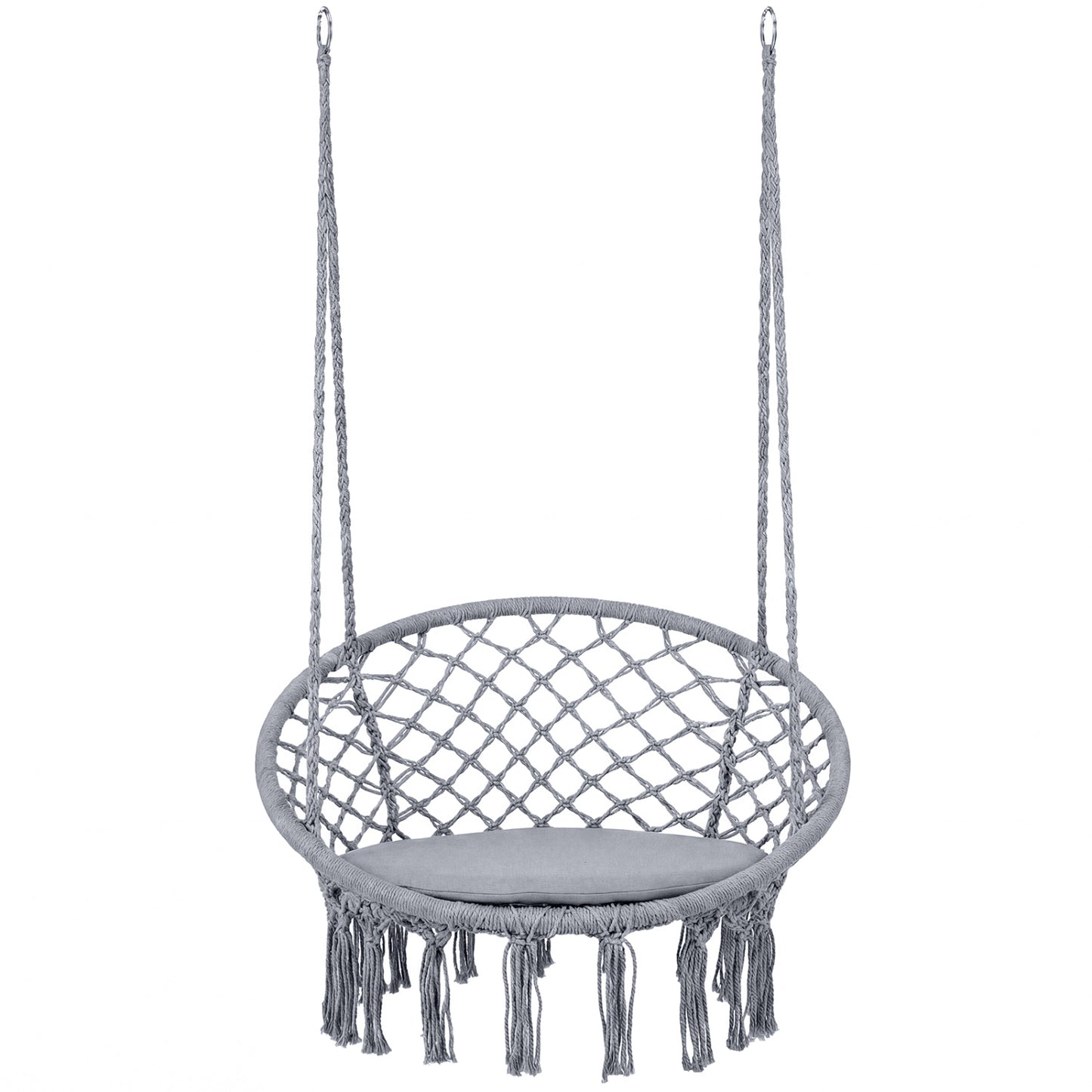 Macrame Swing Chair with Round Cushion and Metal Frame