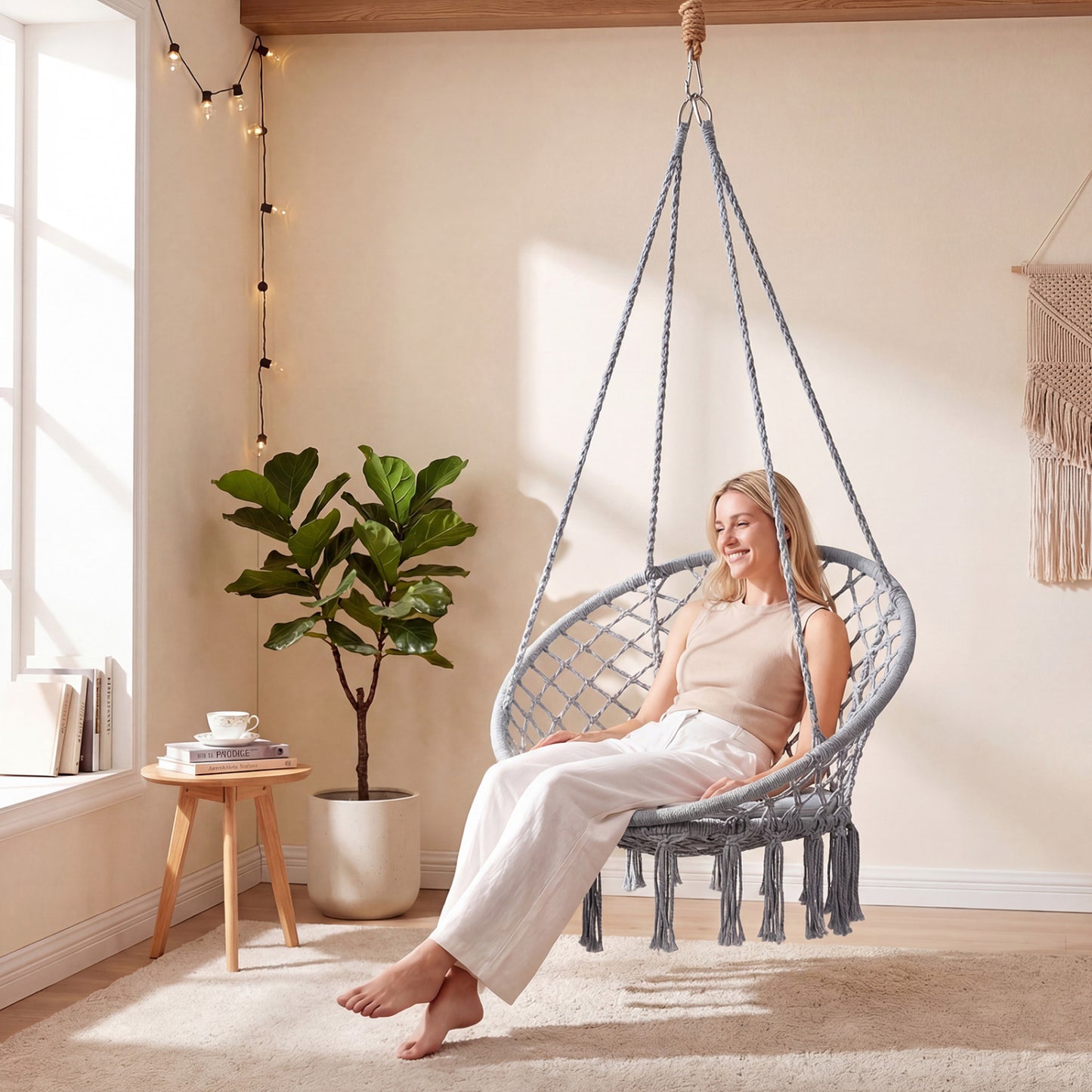 Macrame Swing Chair with Round Cushion and Metal Frame
