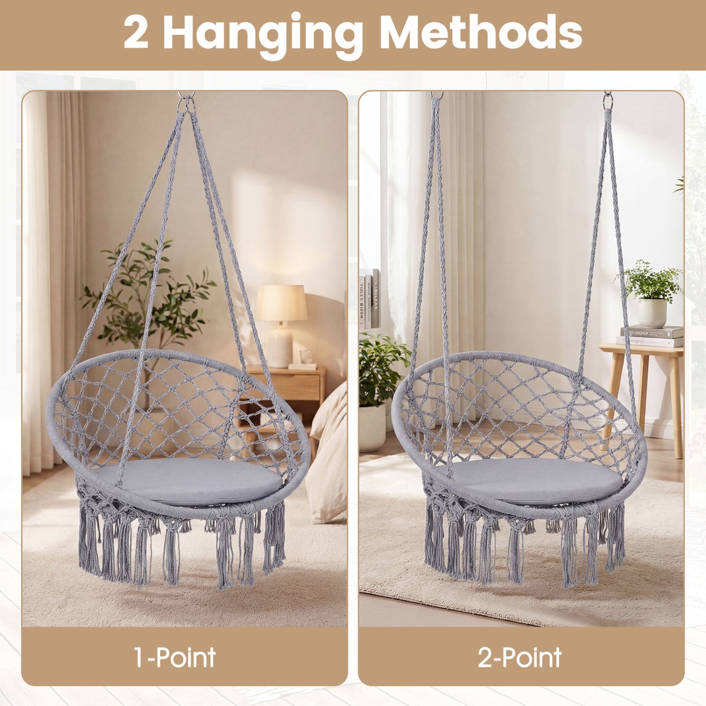 Macrame Swing Chair with Round Cushion and Metal Frame