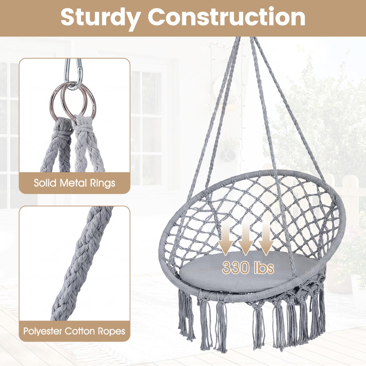 Macrame Swing Chair with Round Cushion and Metal Frame