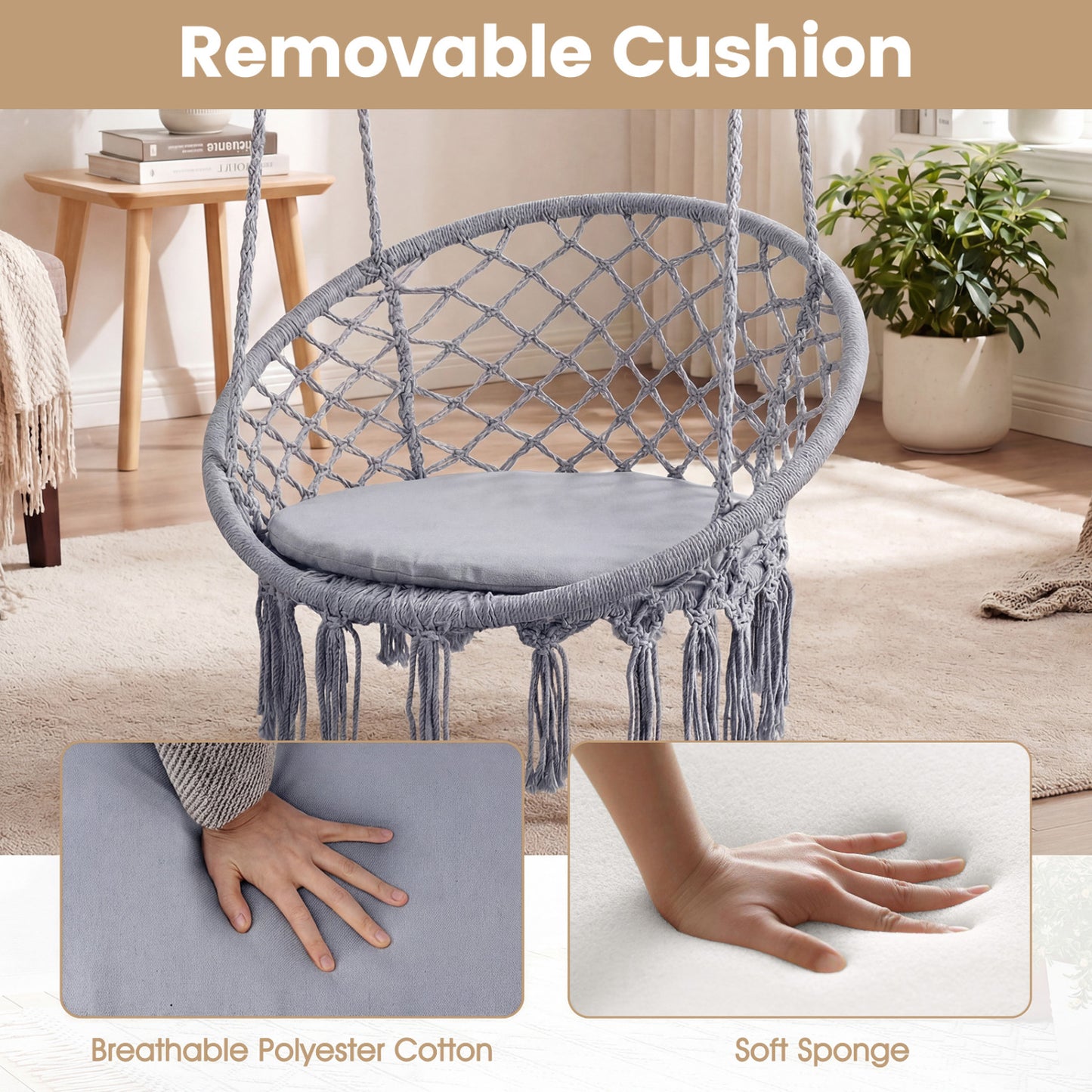 Macrame Swing Chair with Round Cushion and Metal Frame