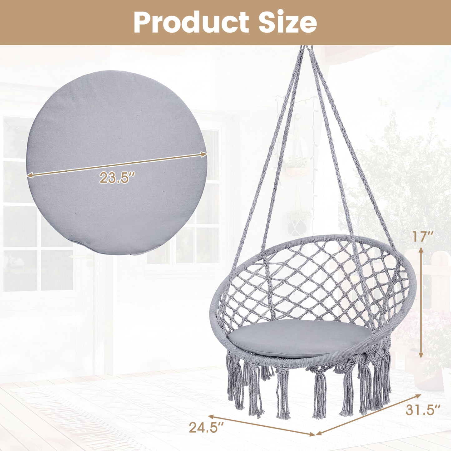 Macrame Swing Chair with Round Cushion and Metal Frame