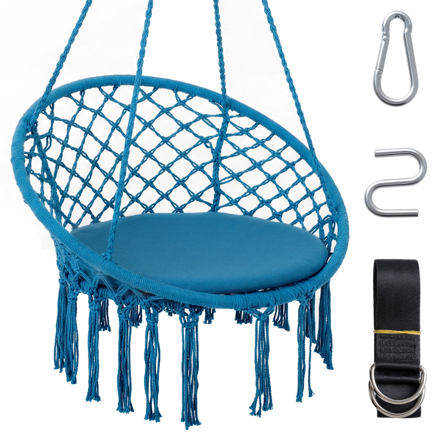 Macrame Swing Chair with Round Cushion and Metal Frame