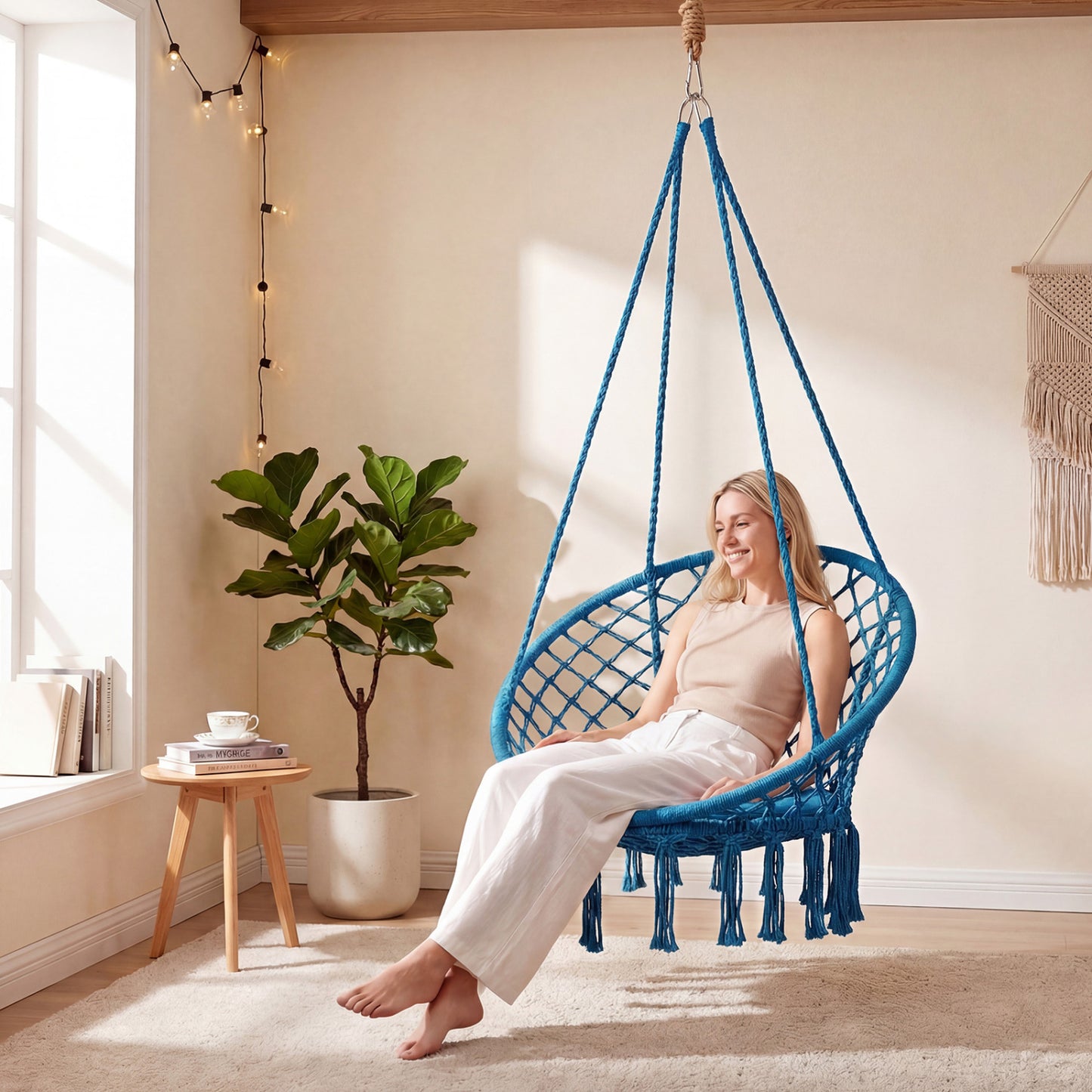 Macrame Swing Chair with Round Cushion and Metal Frame