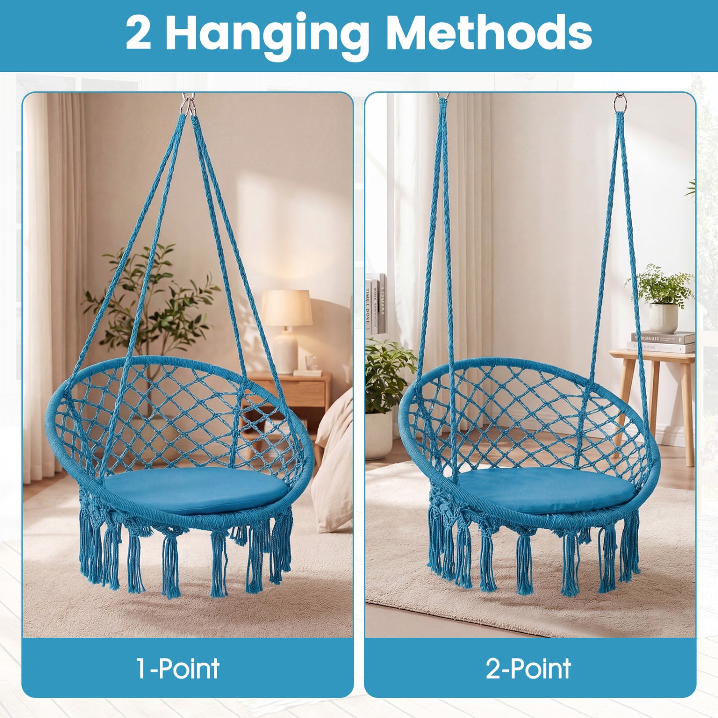 Macrame Swing Chair with Round Cushion and Metal Frame