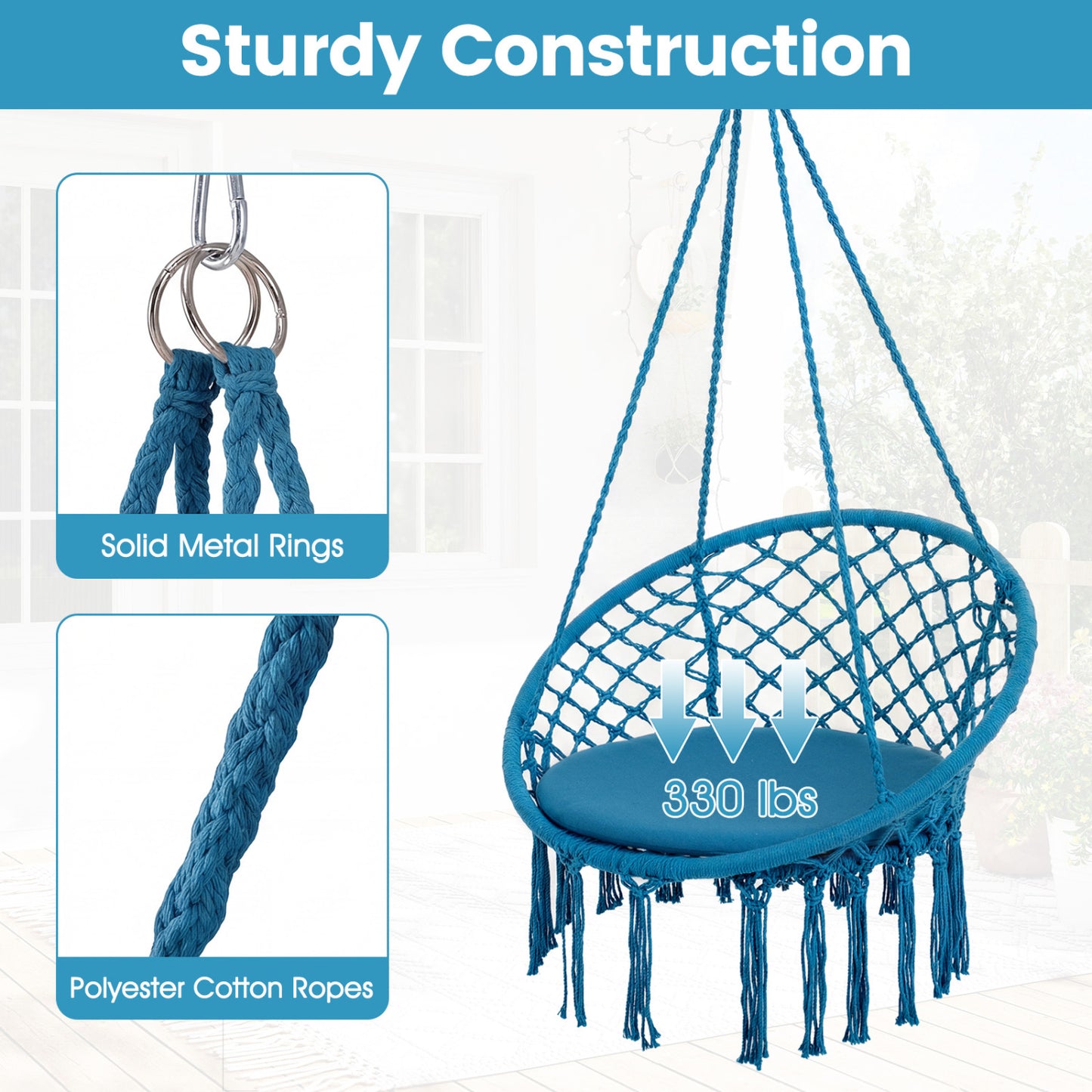 Macrame Swing Chair with Round Cushion and Metal Frame
