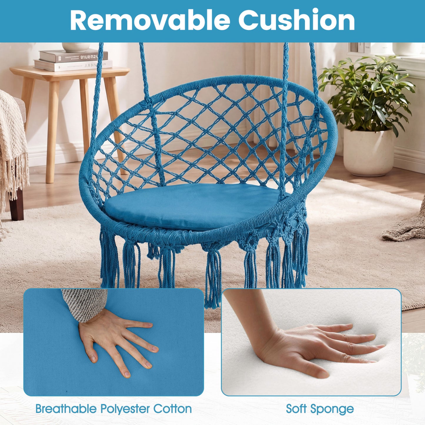 Macrame Swing Chair with Round Cushion and Metal Frame