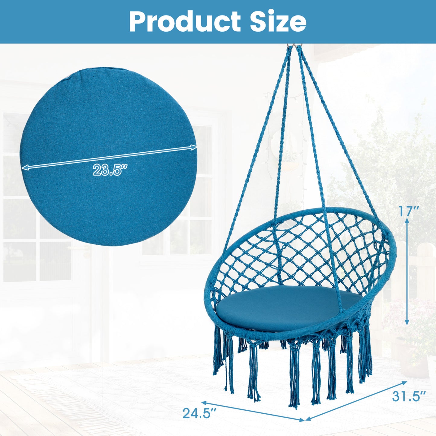 Macrame Swing Chair with Round Cushion and Metal Frame