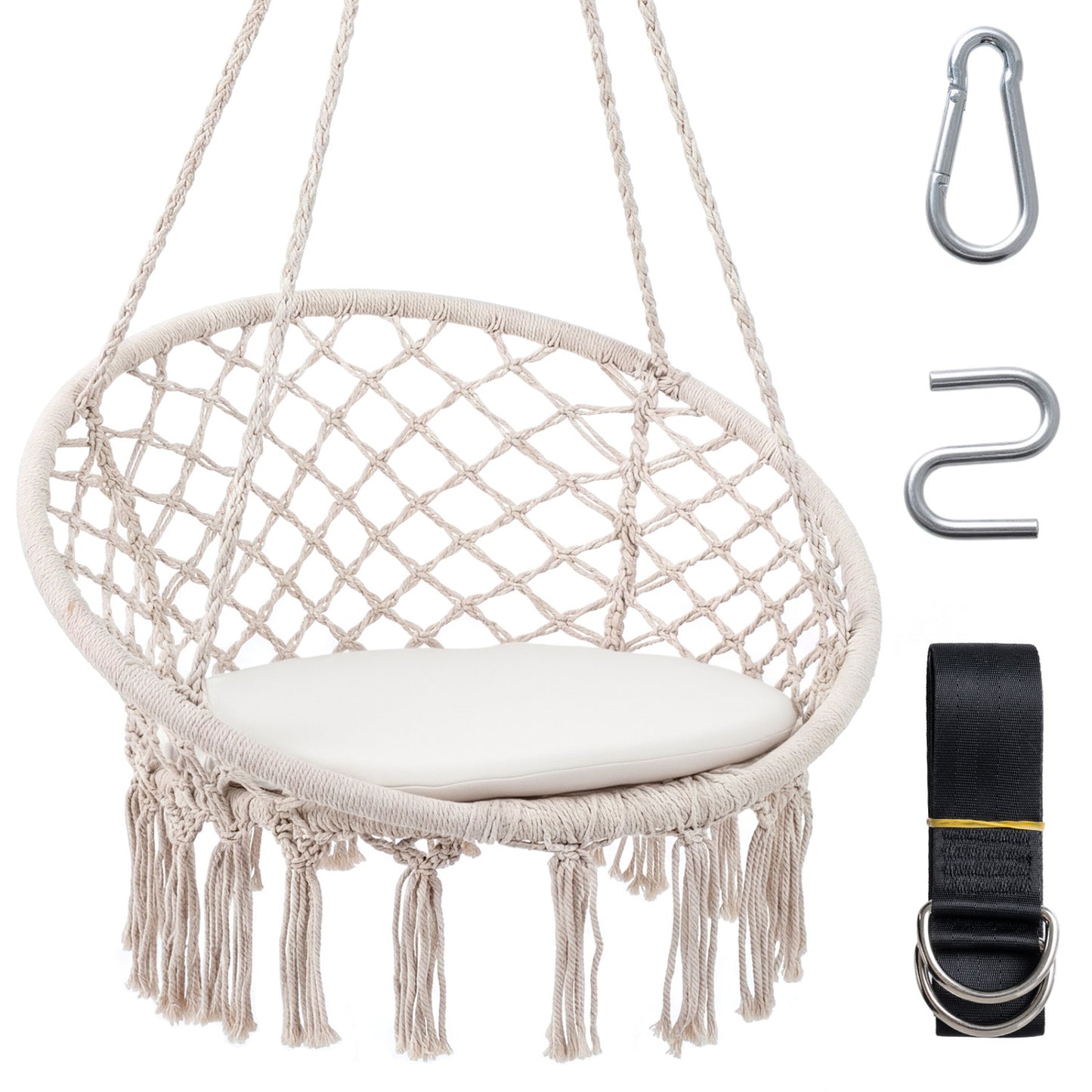 Macrame Swing Chair with Round Cushion and Metal Frame