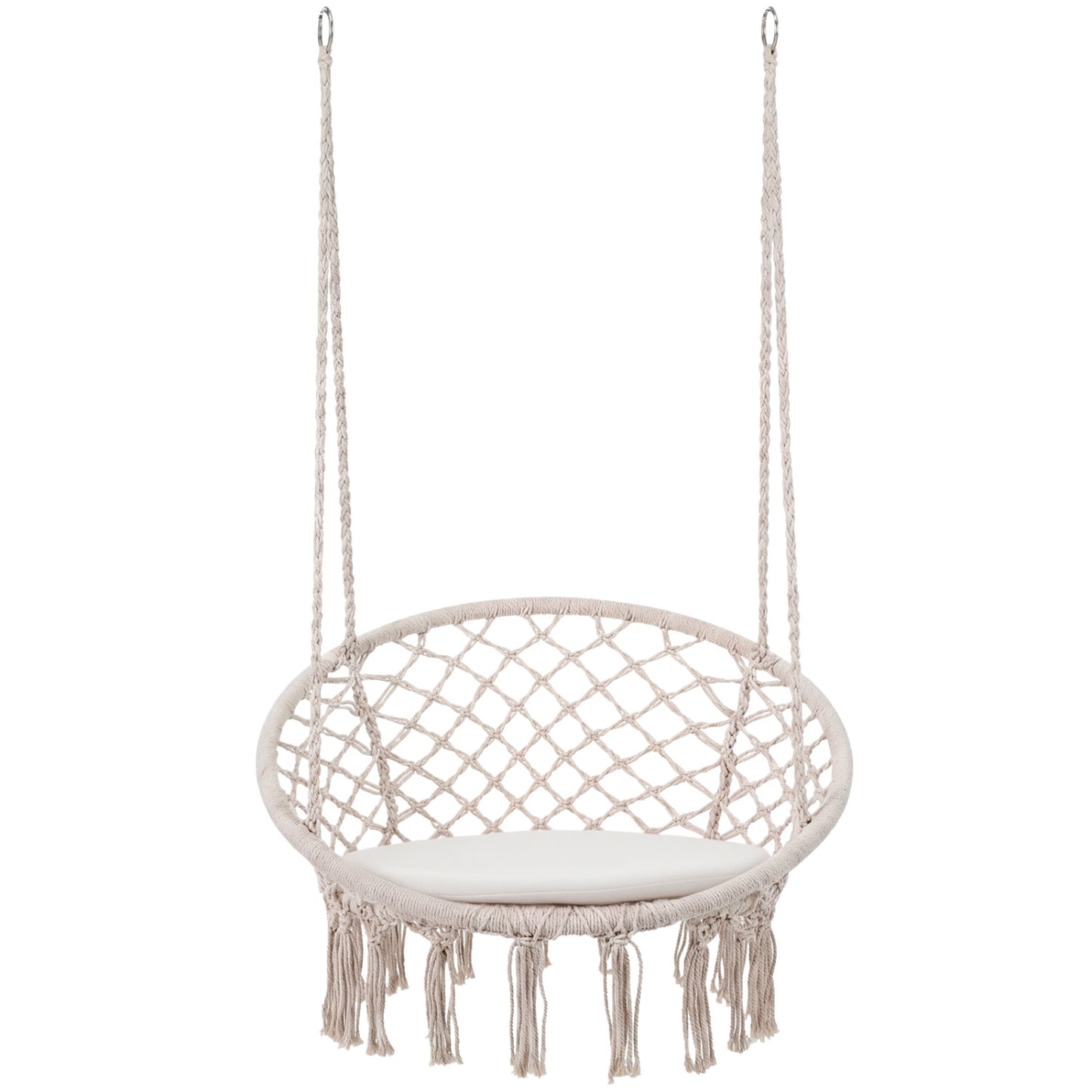 Macrame Swing Chair with Round Cushion and Metal Frame