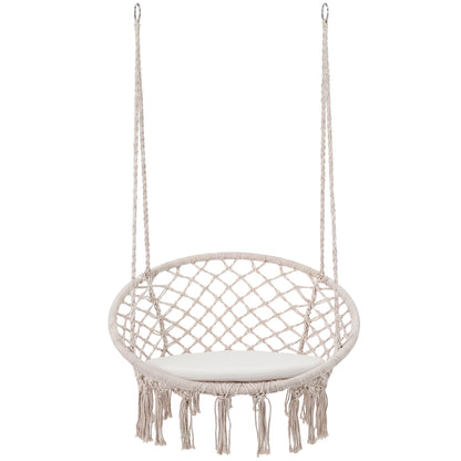 Macrame Swing Chair with Round Cushion and Metal Frame