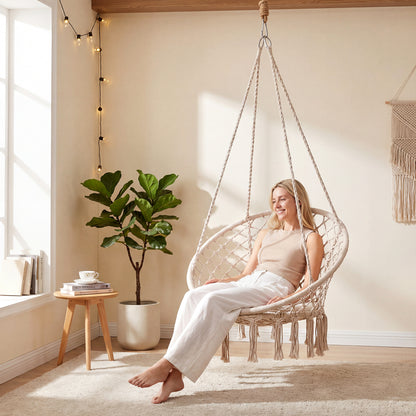 Macrame Swing Chair with Round Cushion and Metal Frame