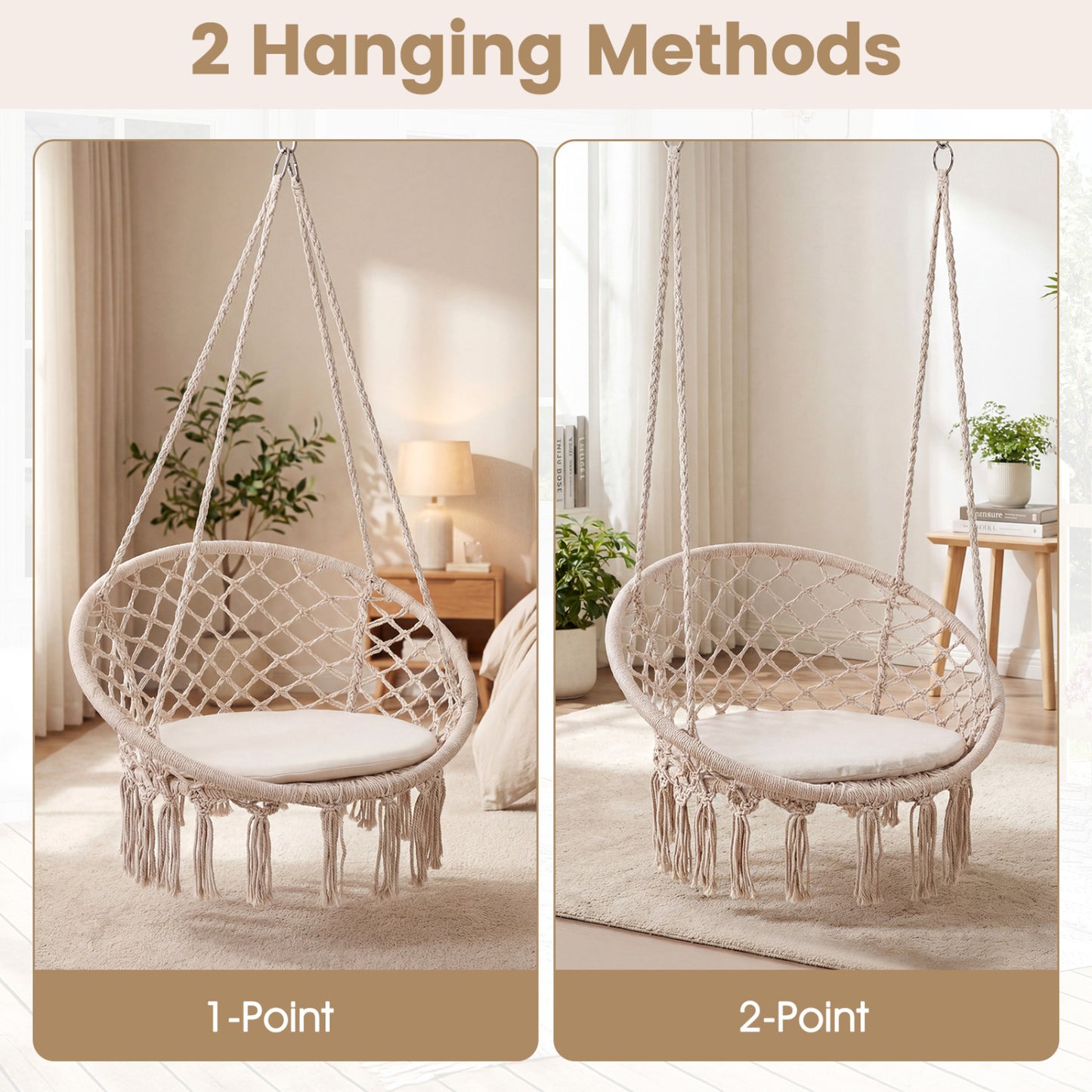 Macrame Swing Chair with Round Cushion and Metal Frame