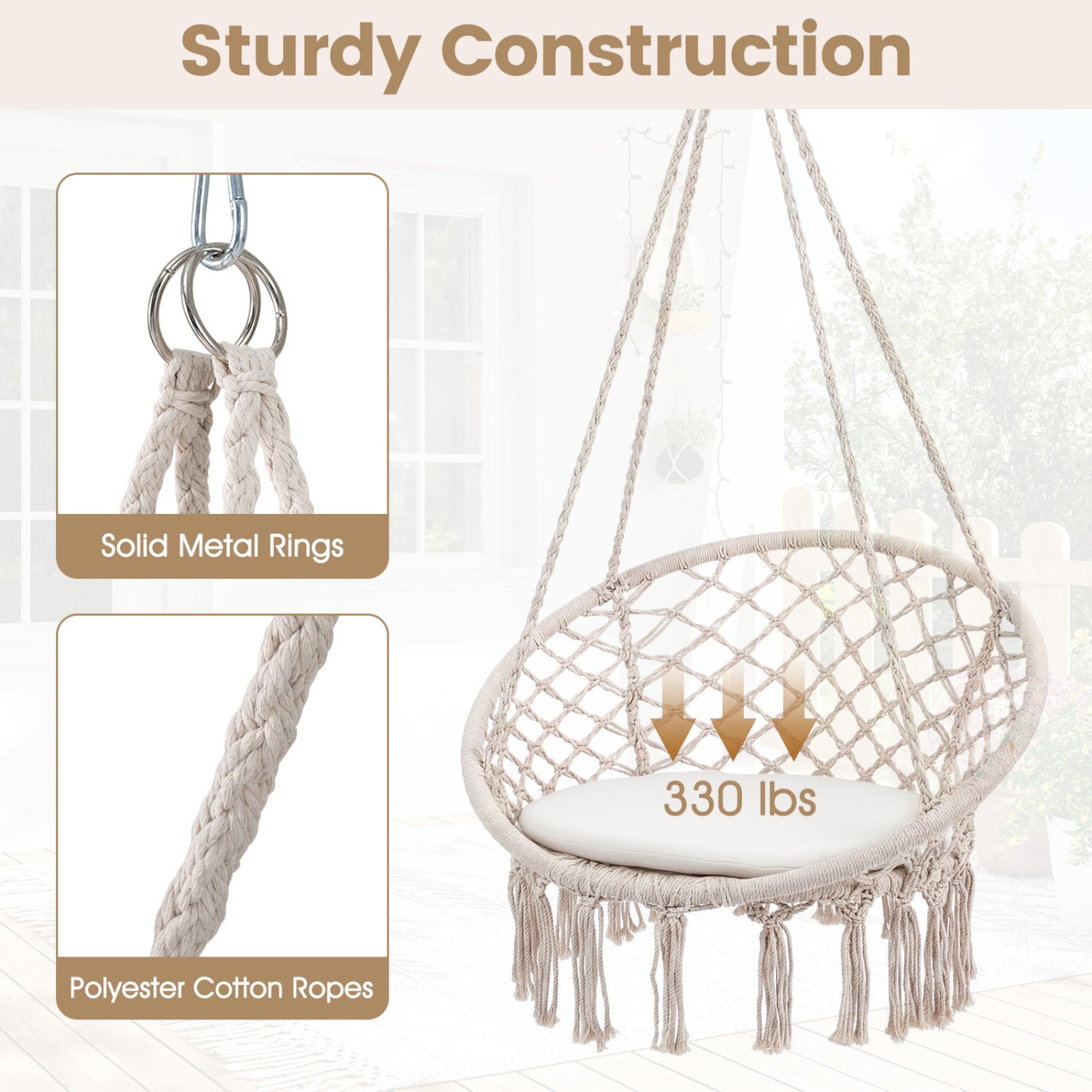 Macrame Swing Chair with Round Cushion and Metal Frame