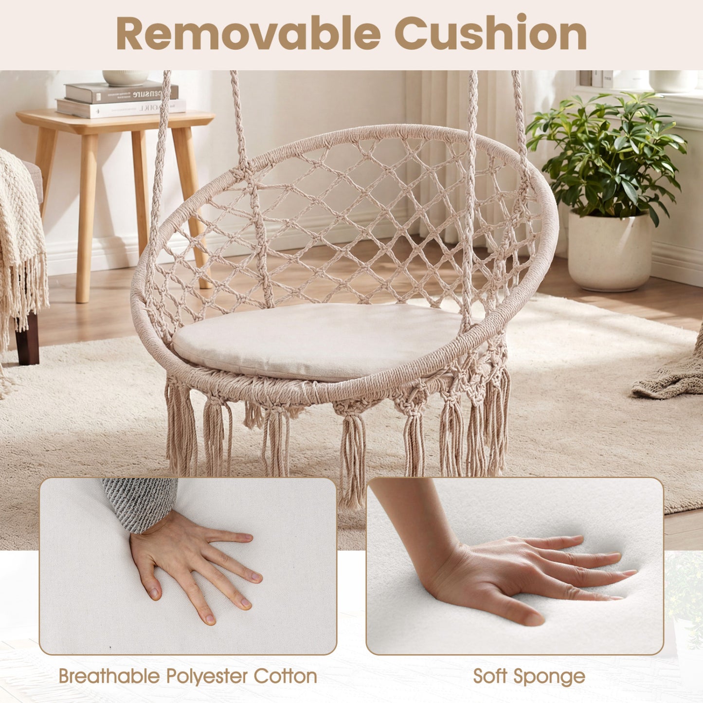 Macrame Swing Chair with Round Cushion and Metal Frame