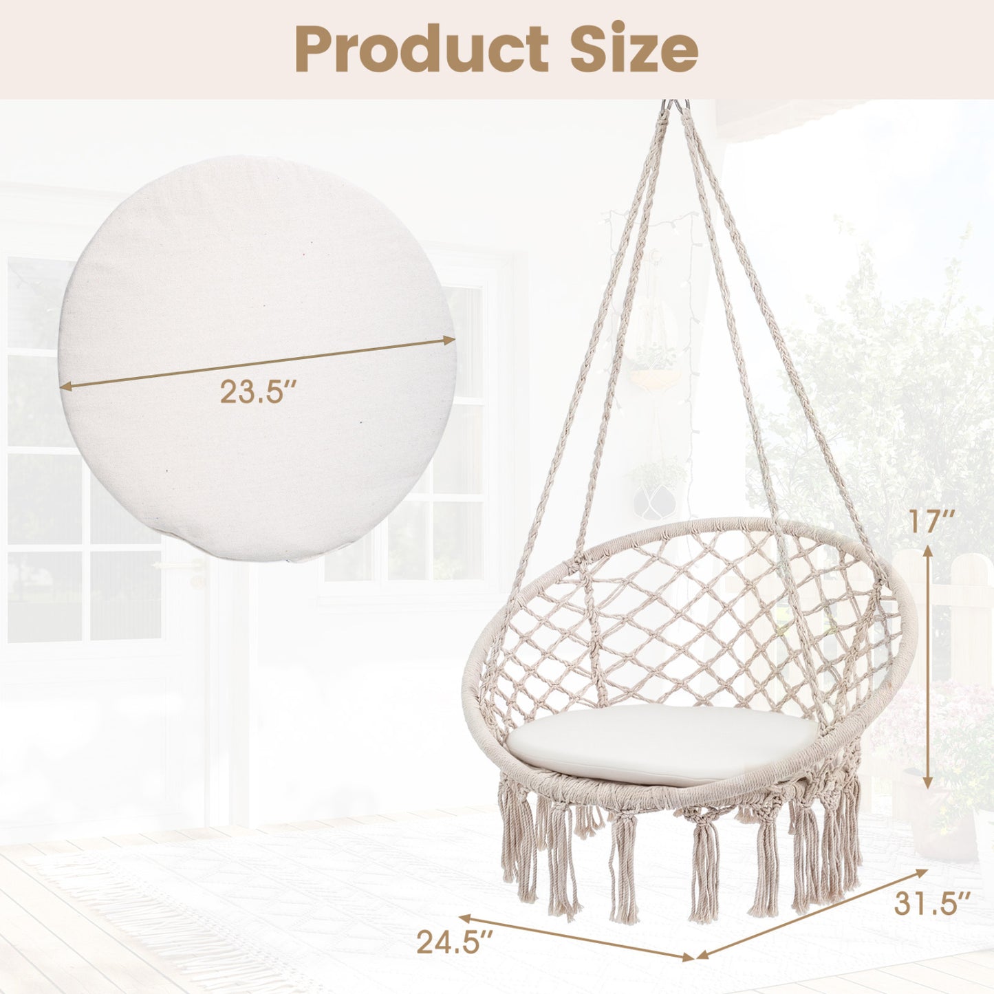 Macrame Swing Chair with Round Cushion and Metal Frame