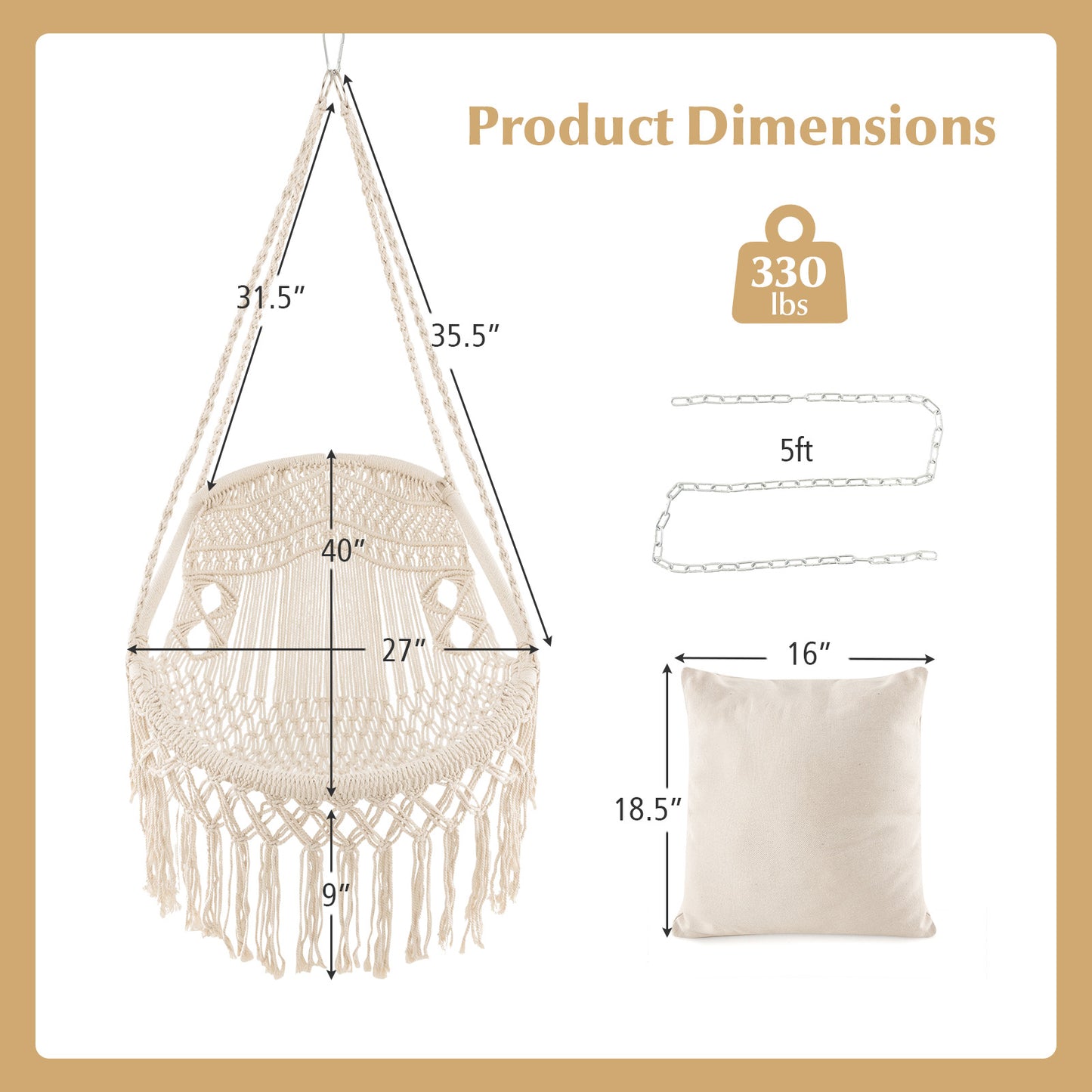 Hanging Hammock Chair with Cushions and Rope Chain