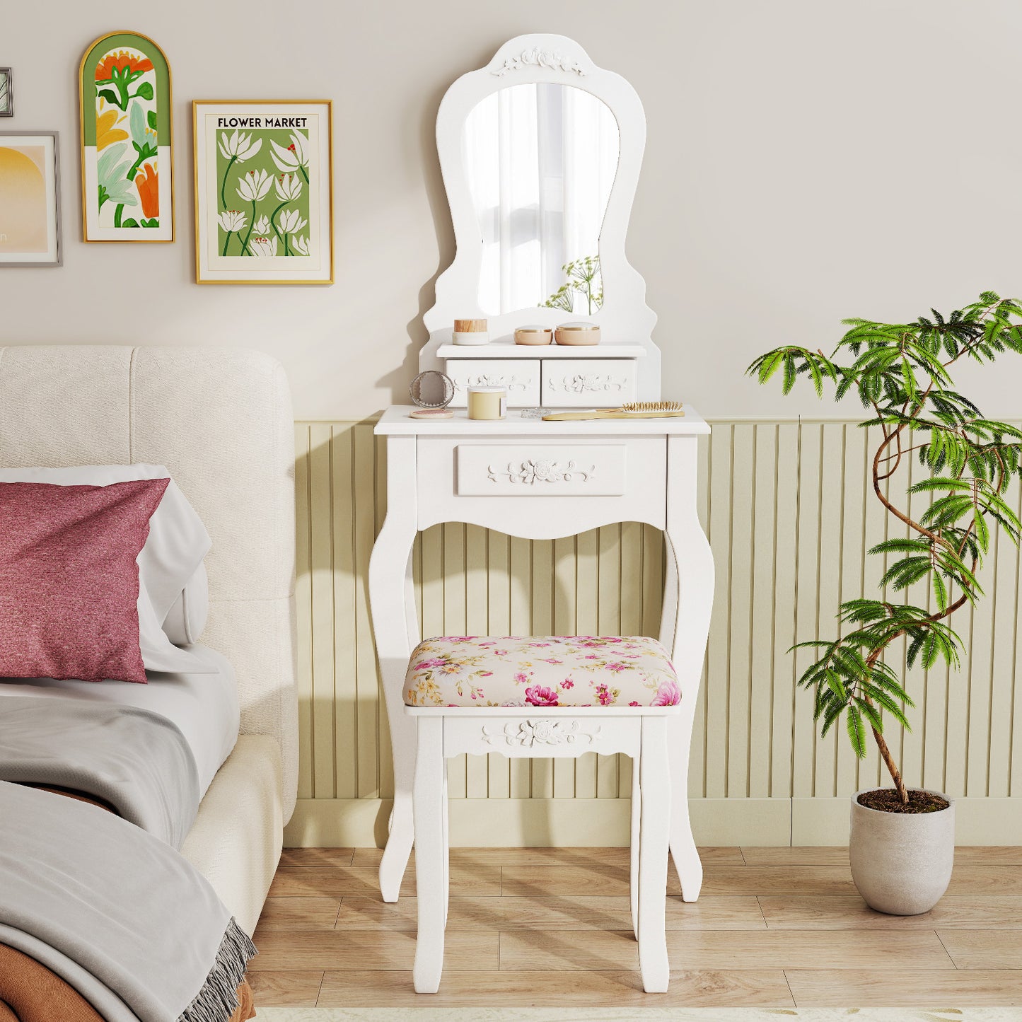 Makeup Vanity Table with Mirror, 3 Drawers & Cushioned Stool