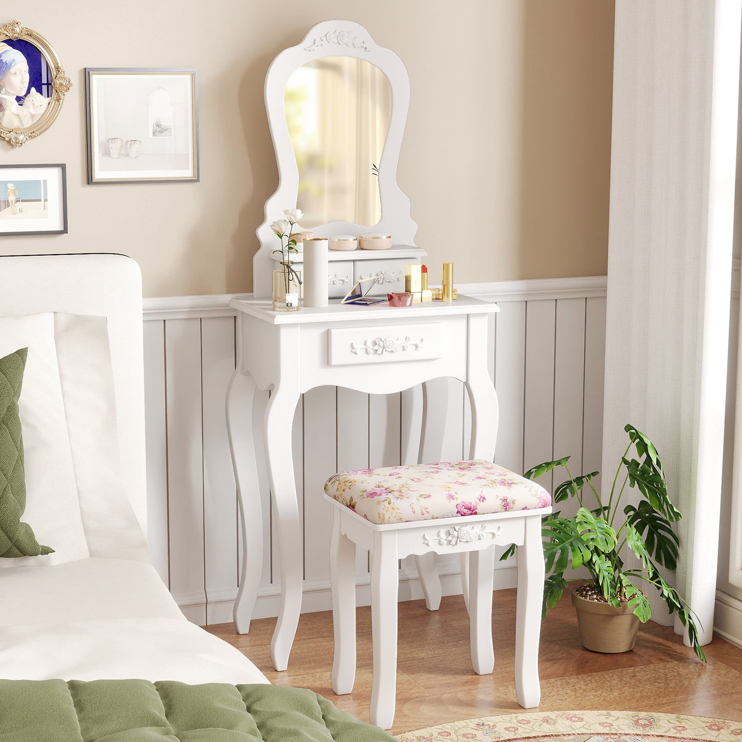 Makeup Vanity Table with Mirror, 3 Drawers & Cushioned Stool