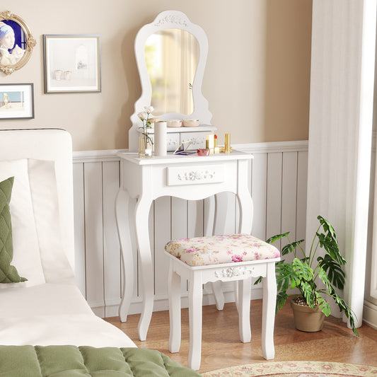 Makeup Vanity Table with Mirror, 3 Drawers & Cushioned Stool