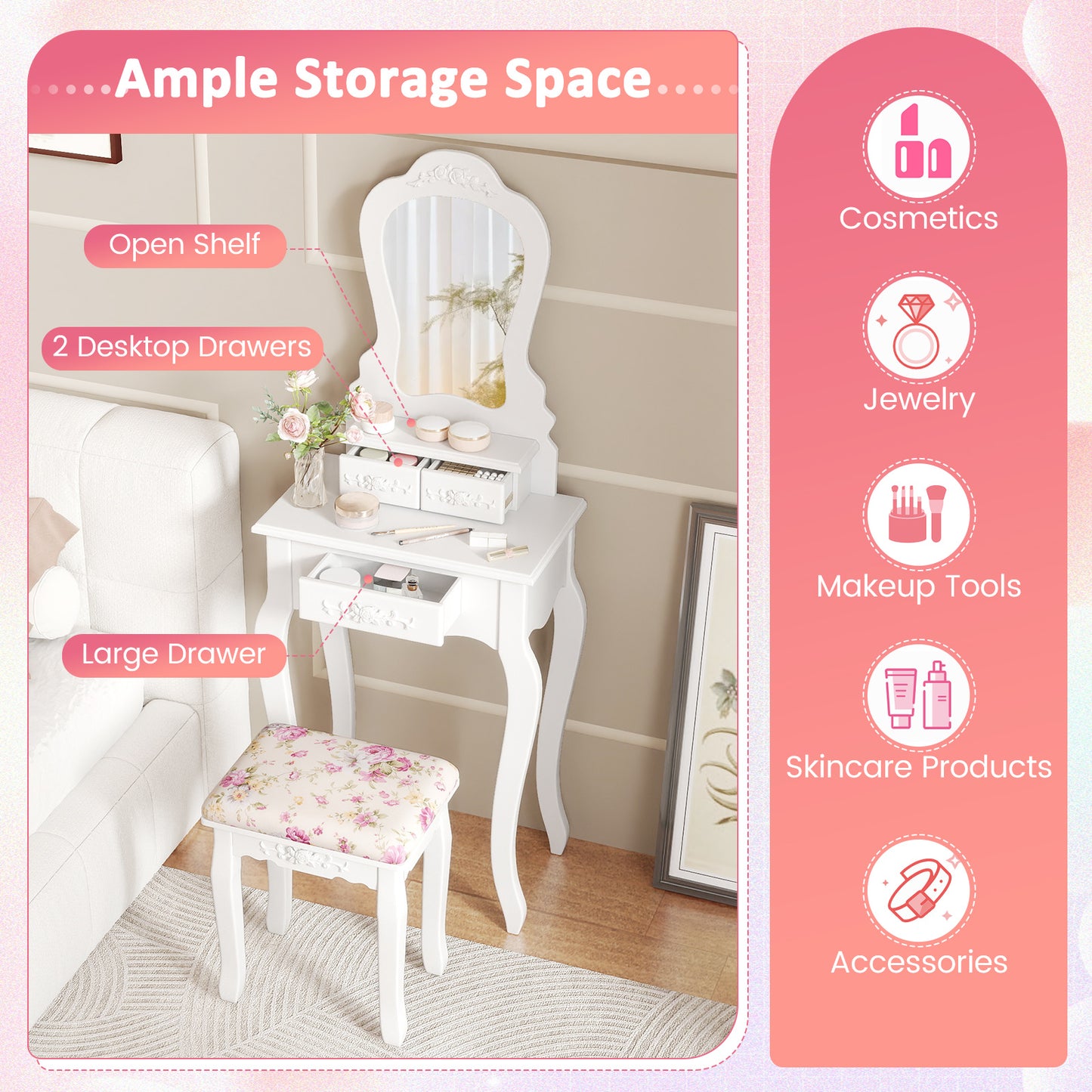 Makeup Vanity Table with Mirror, 3 Drawers & Cushioned Stool