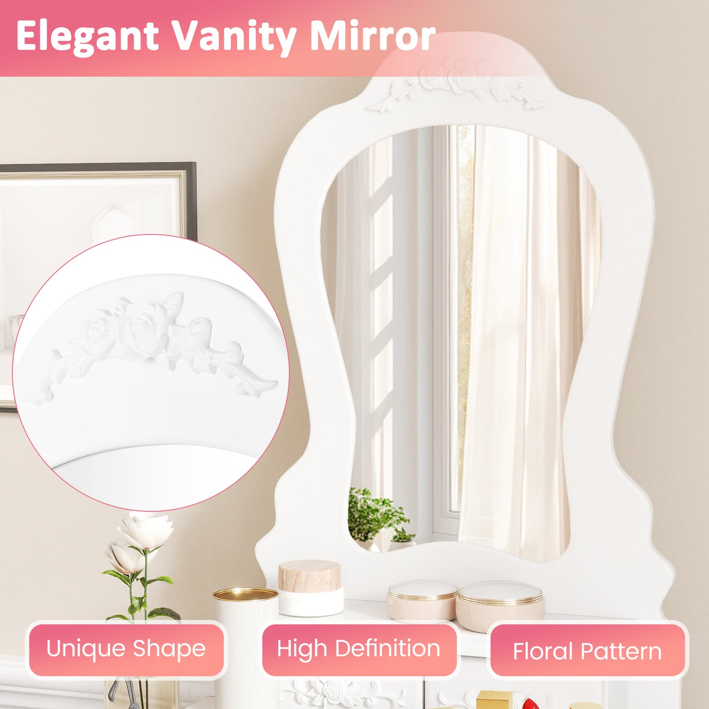 Makeup Vanity Table with Mirror, 3 Drawers & Cushioned Stool