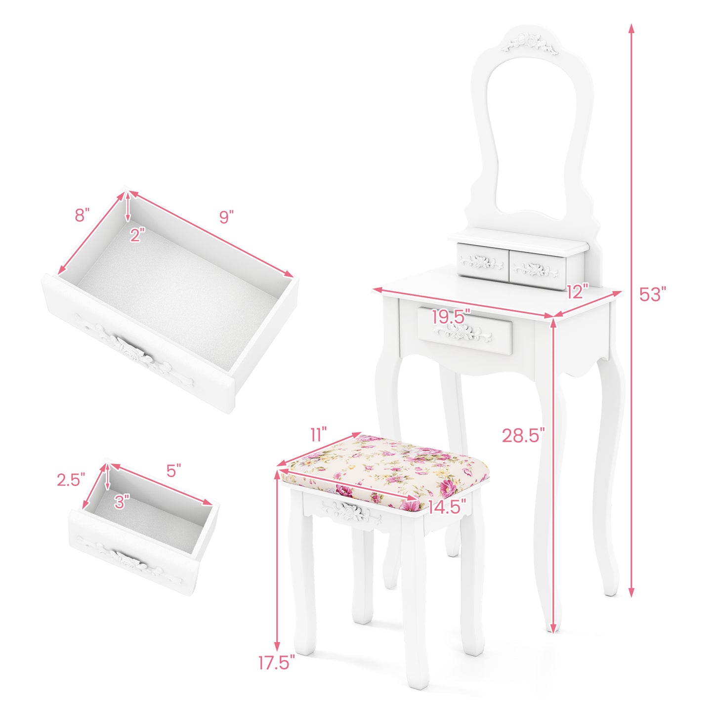 Makeup Vanity Table with Mirror, 3 Drawers & Cushioned Stool