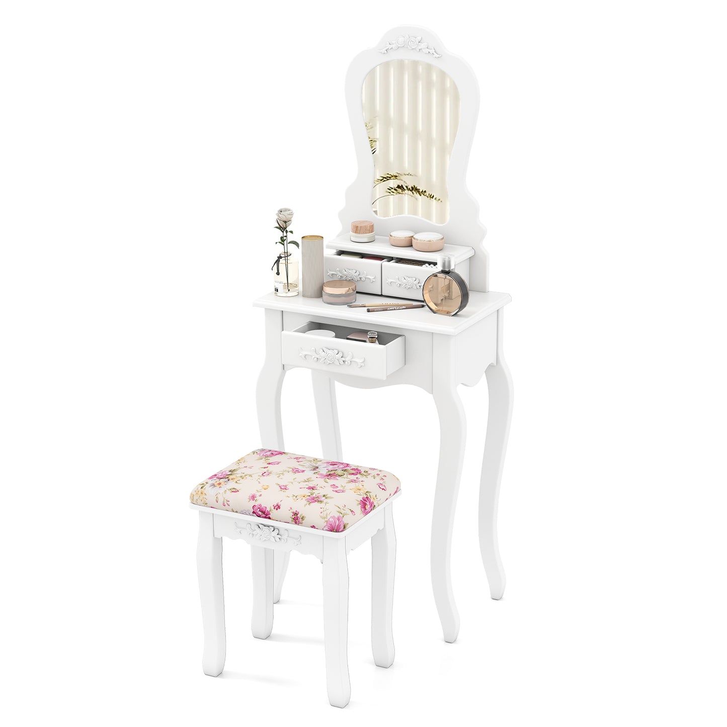 Makeup Vanity Table with Mirror, 3 Drawers & Cushioned Stool