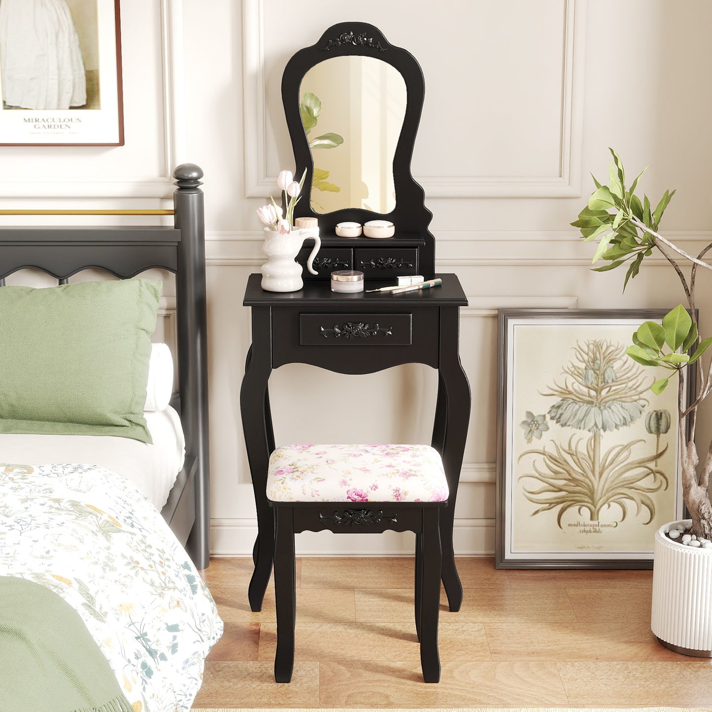 Makeup Vanity Table with Mirror, 3 Drawers & Cushioned Stool