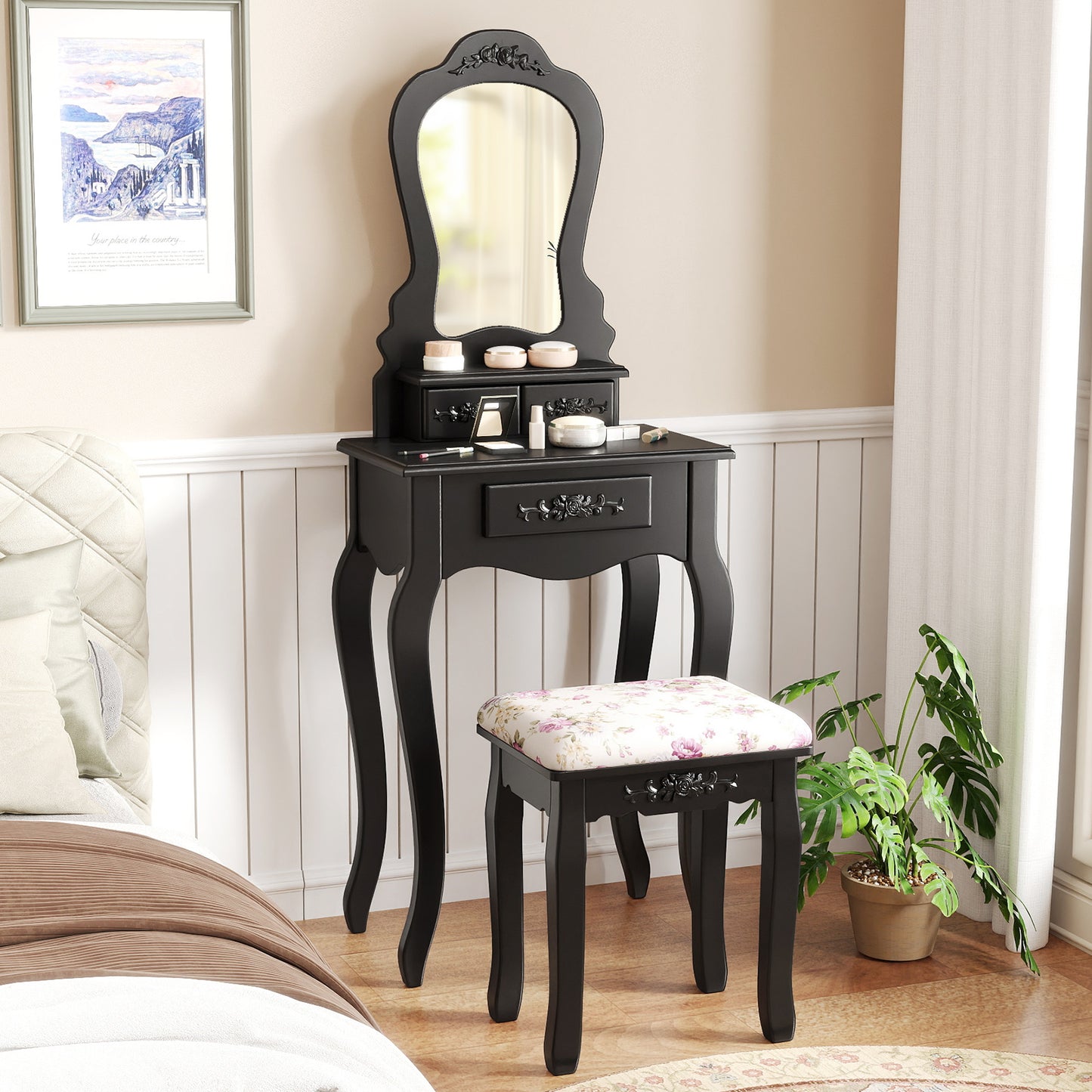 Makeup Vanity Table with Mirror, 3 Drawers & Cushioned Stool