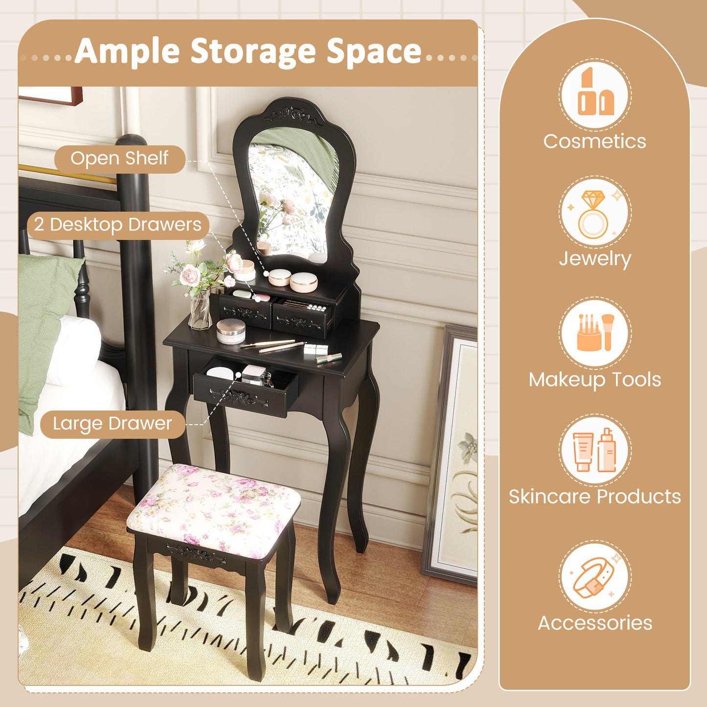 Makeup Vanity Table with Mirror, 3 Drawers & Cushioned Stool