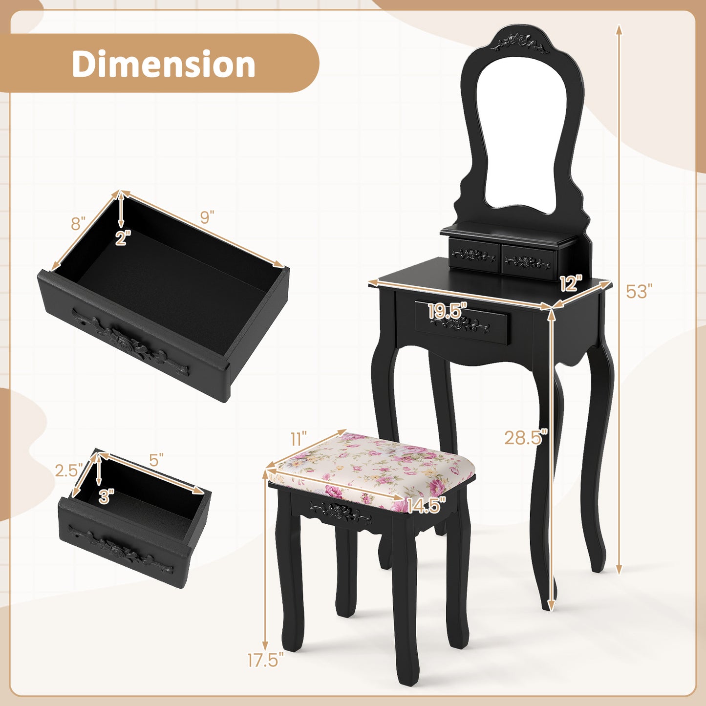 Makeup Vanity Table with Mirror, 3 Drawers & Cushioned Stool