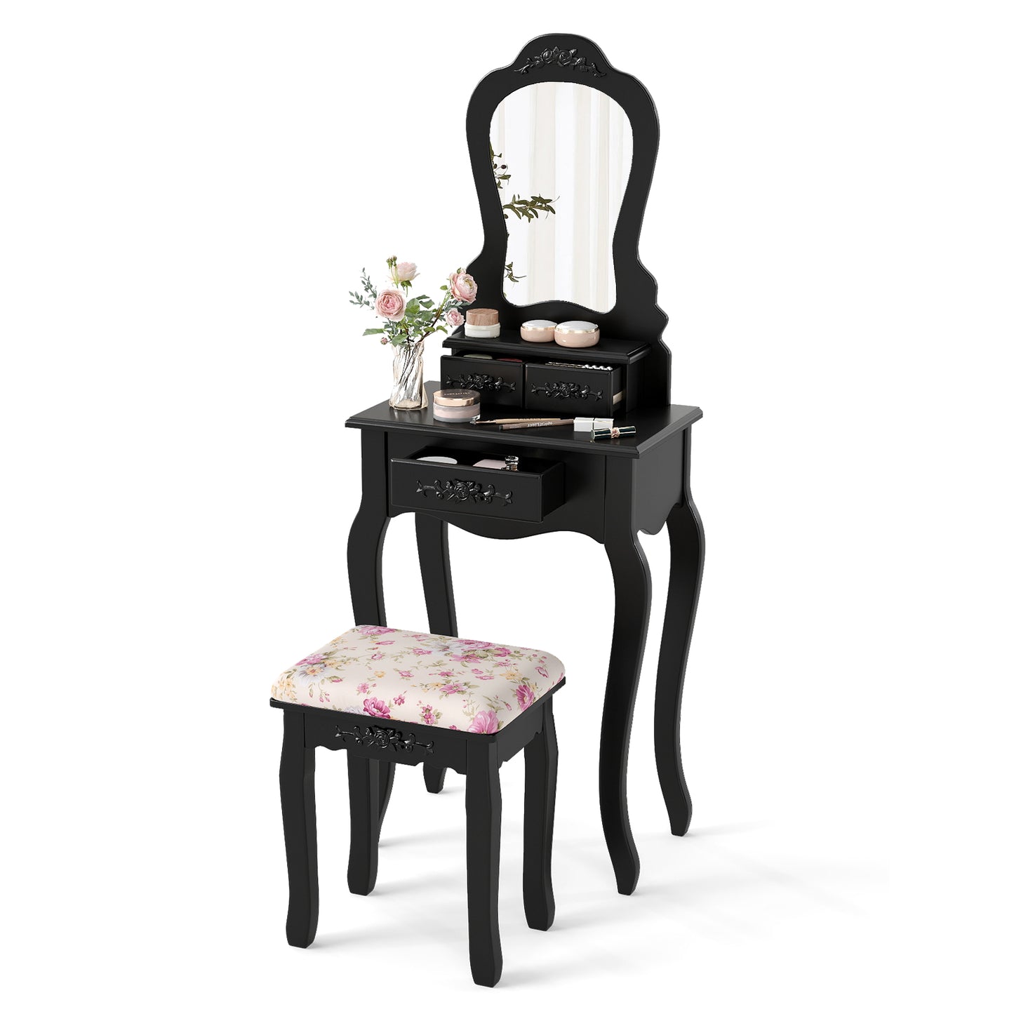 Makeup Vanity Table with Mirror, 3 Drawers & Cushioned Stool