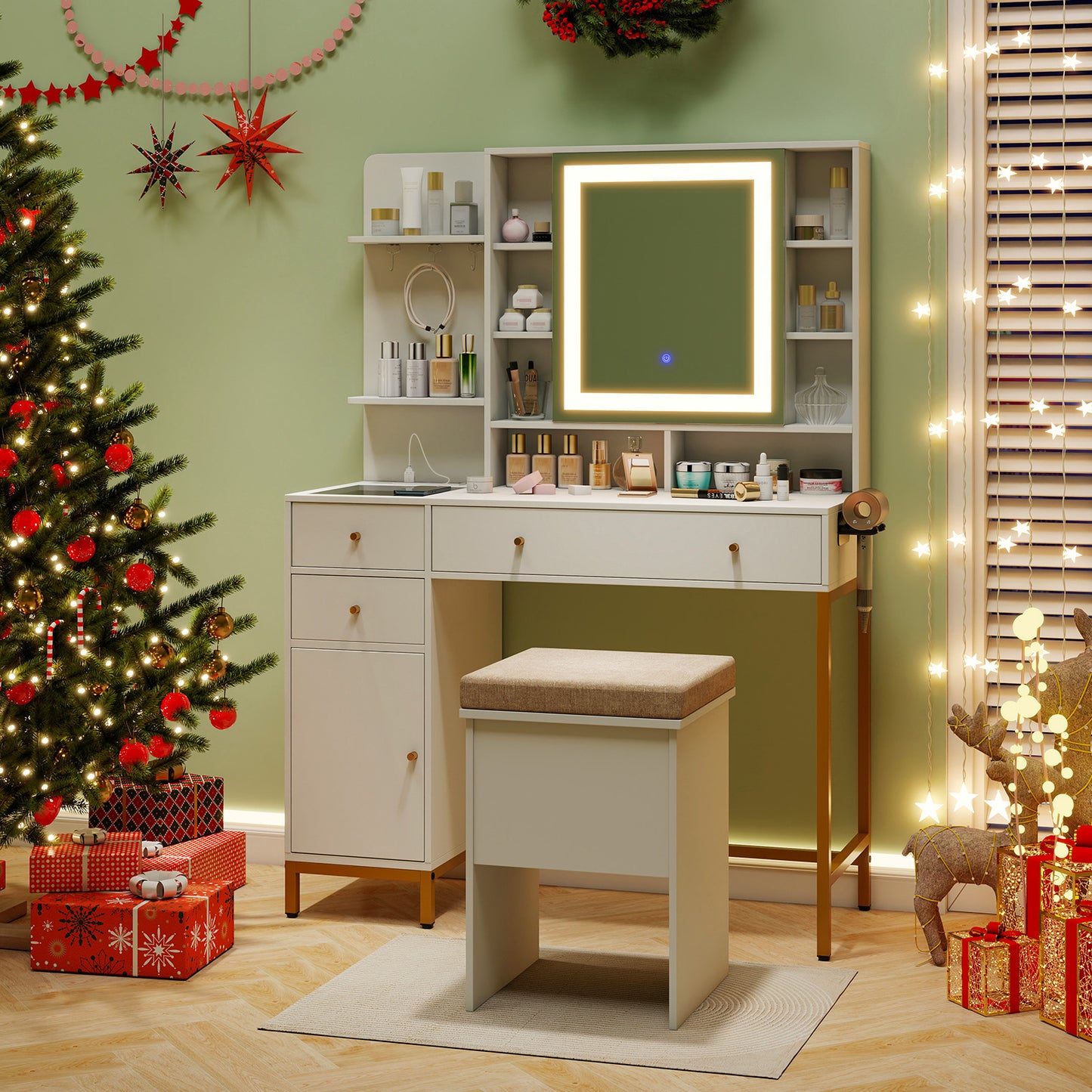 Makeup Vanity Table with Lighted Mirror and Stool Set