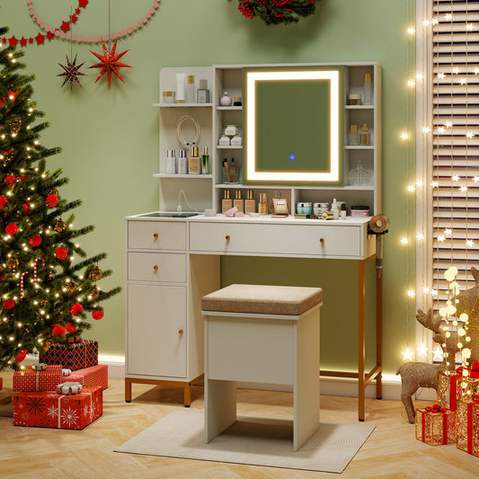 Makeup Vanity Table with Lighted Mirror and Stool Set