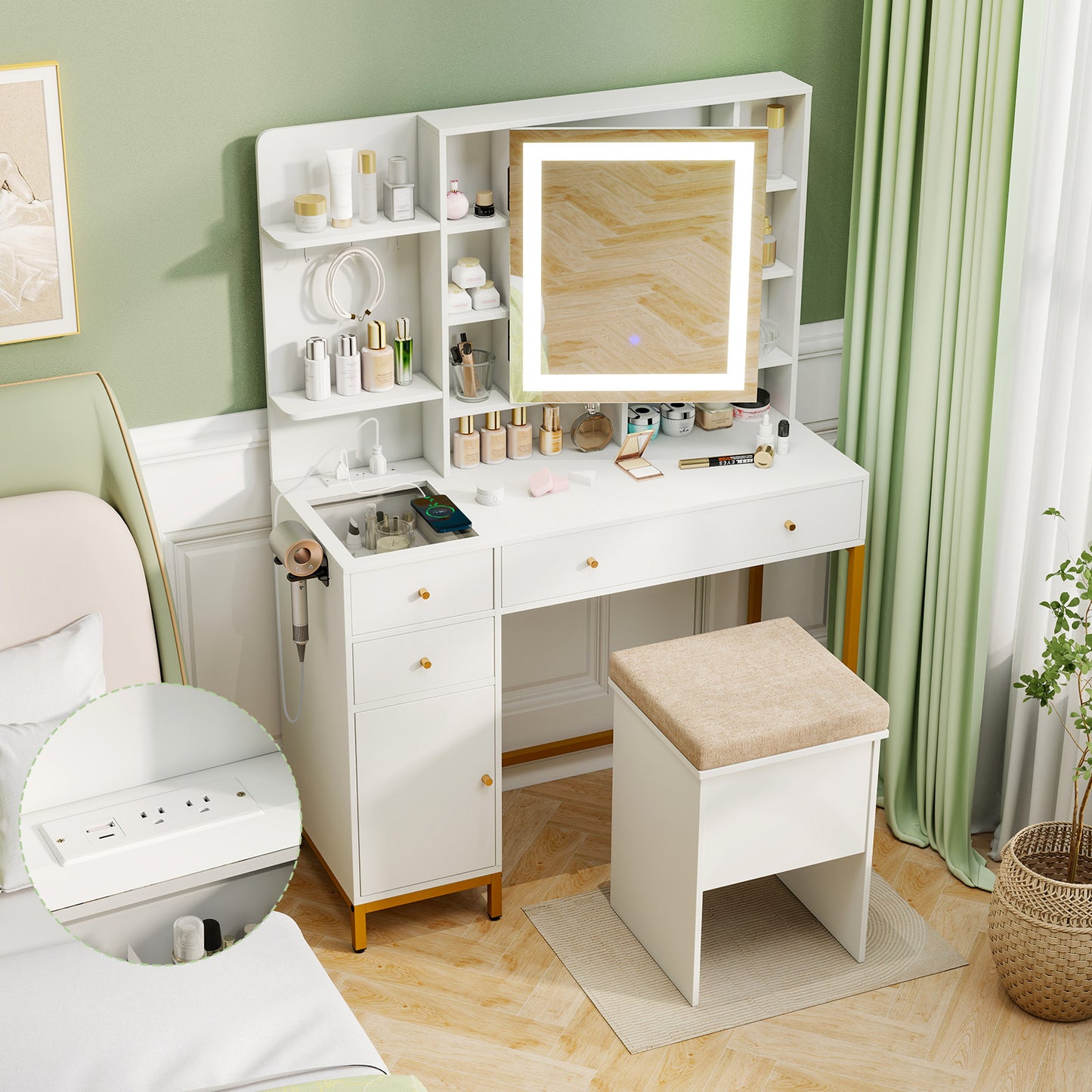 Makeup Vanity Table with Lighted Mirror and Stool Set