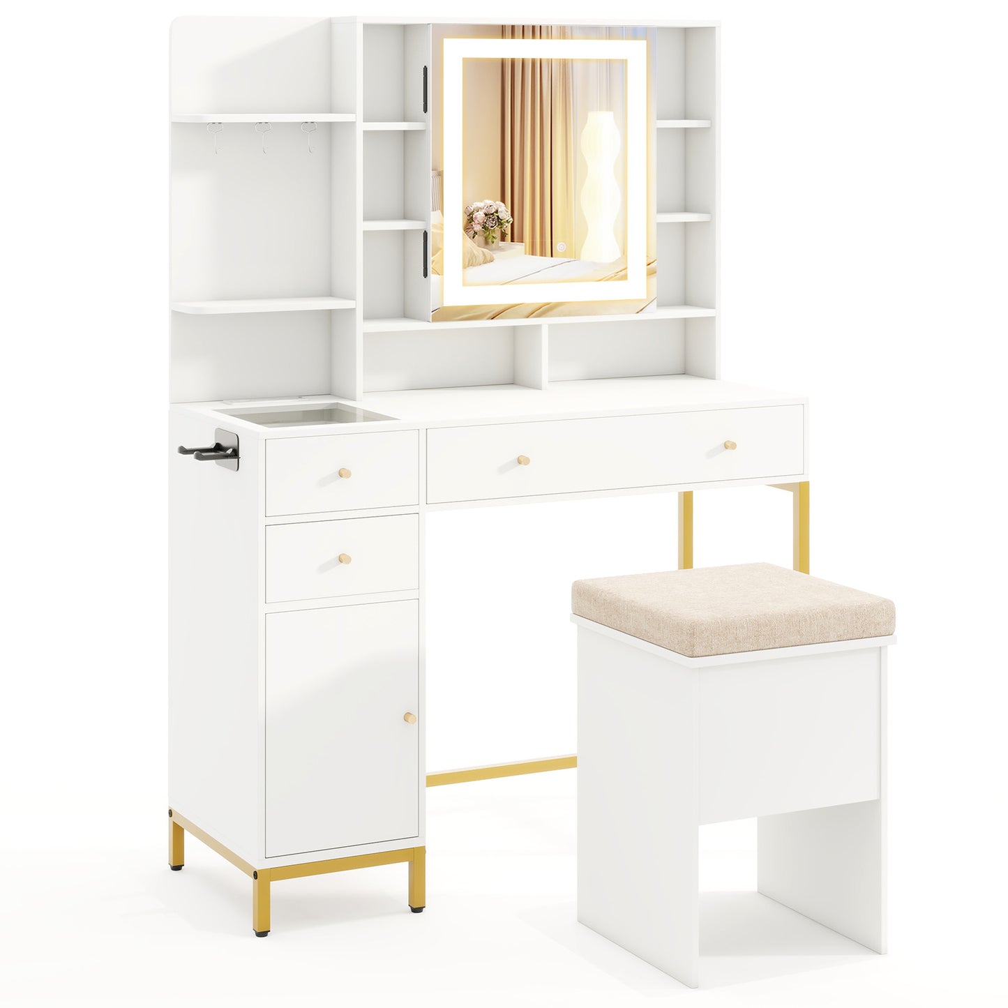 Makeup Vanity Table with Lighted Mirror and Stool Set
