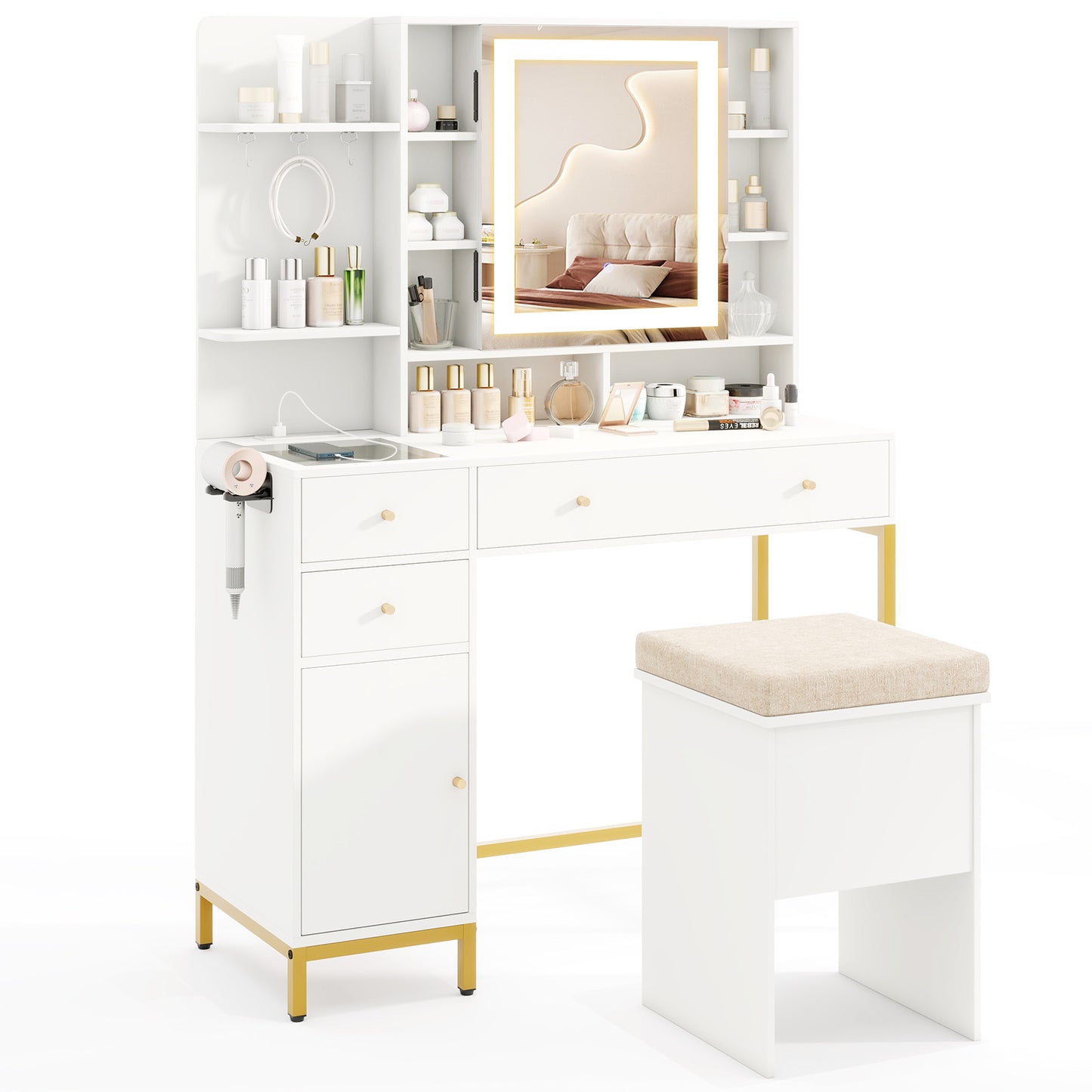 Makeup Vanity Table with Lighted Mirror and Stool Set