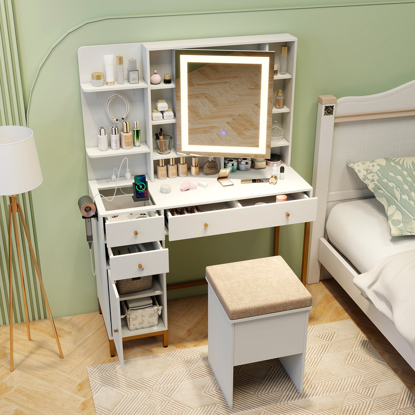 Makeup Vanity Table with Lighted Mirror and Stool Set
