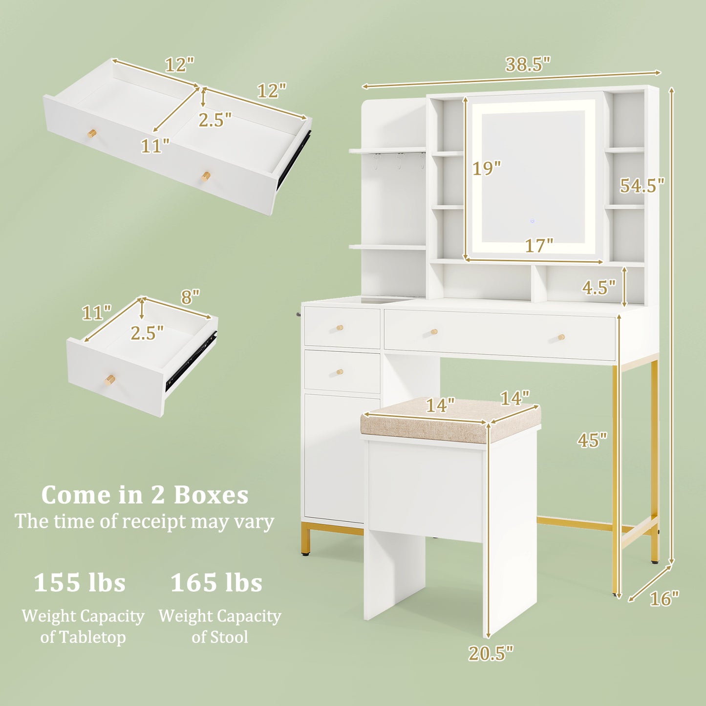 Makeup Vanity Table with Lighted Mirror and Stool Set