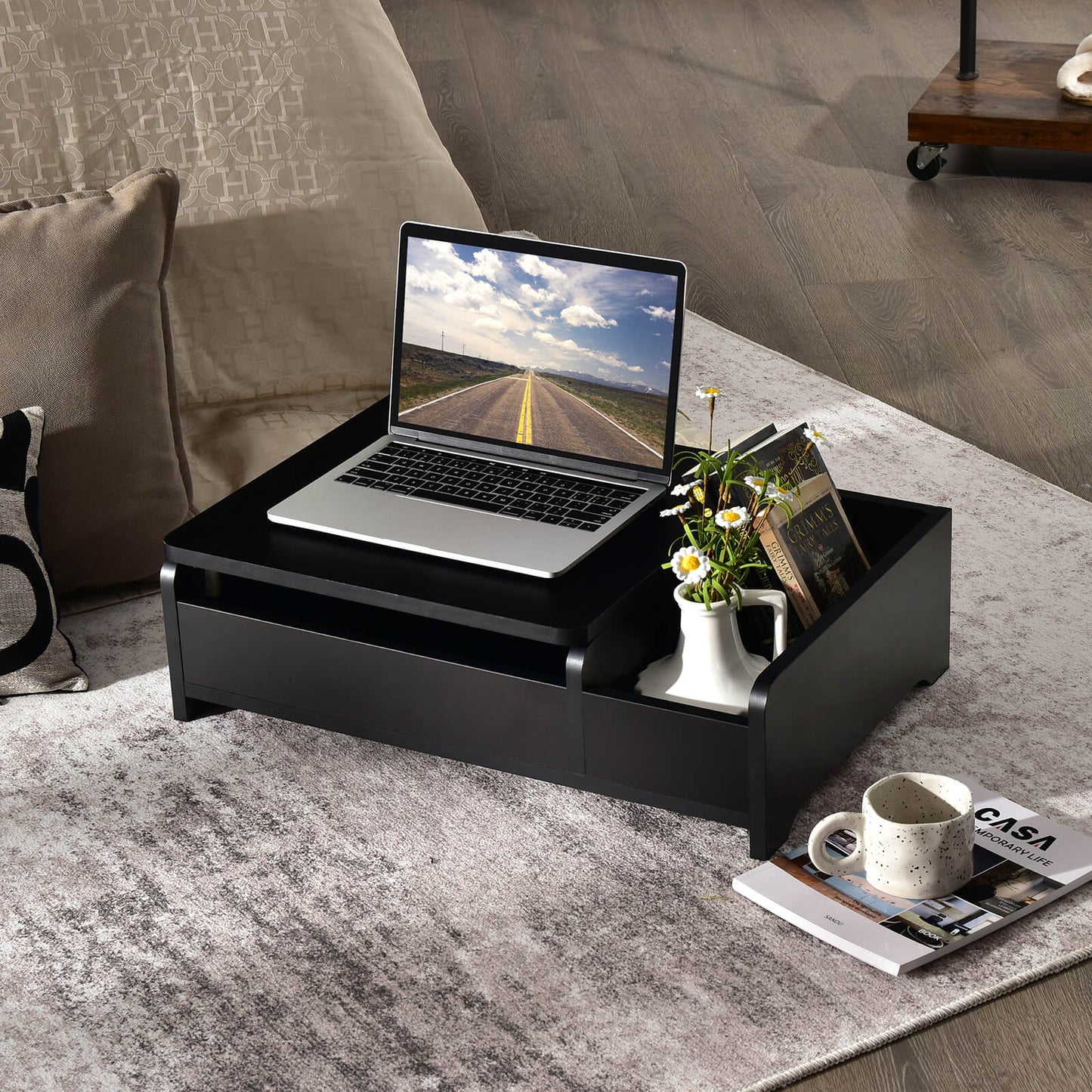 Flip-Top Makeup Vanity Table with Hidden Storage - Black