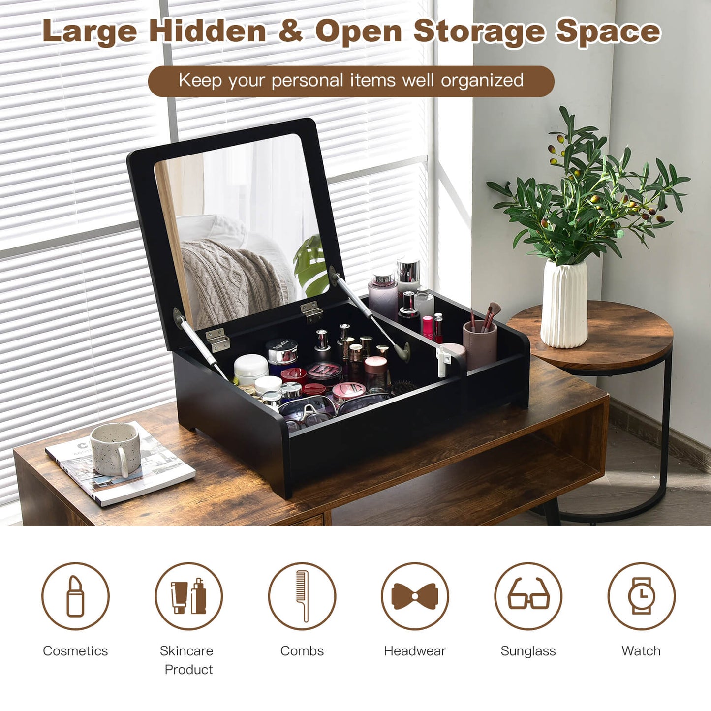 Flip-Top Makeup Vanity Table with Hidden Storage - Black